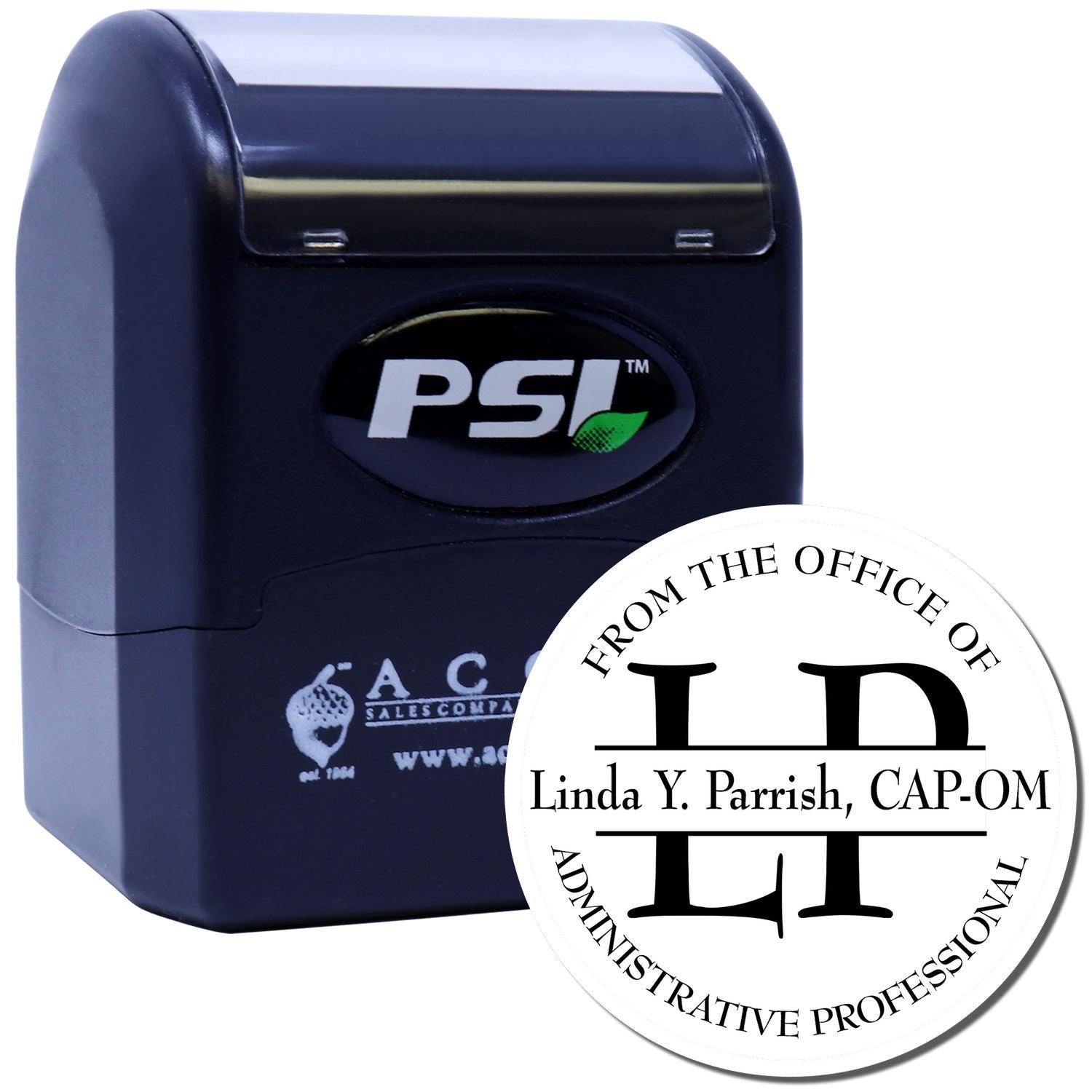 Self-inking custom rubber stamp by PSI with round administrative professional office seal for Linda Y. Parrish, CAP-OM.