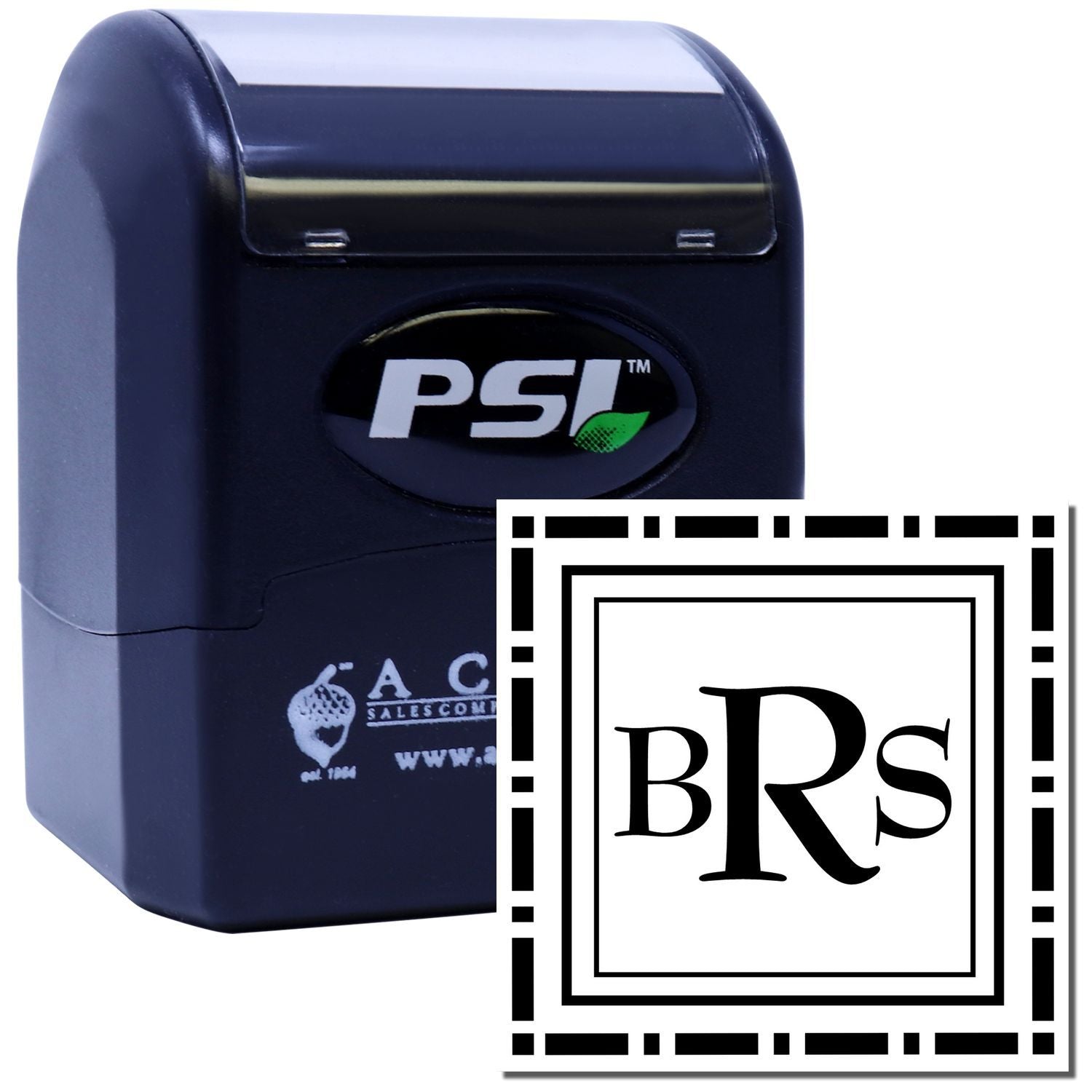 PSI self-inking rubber stamp with custom BRS monogram for branding, office use, or personalized business marking.