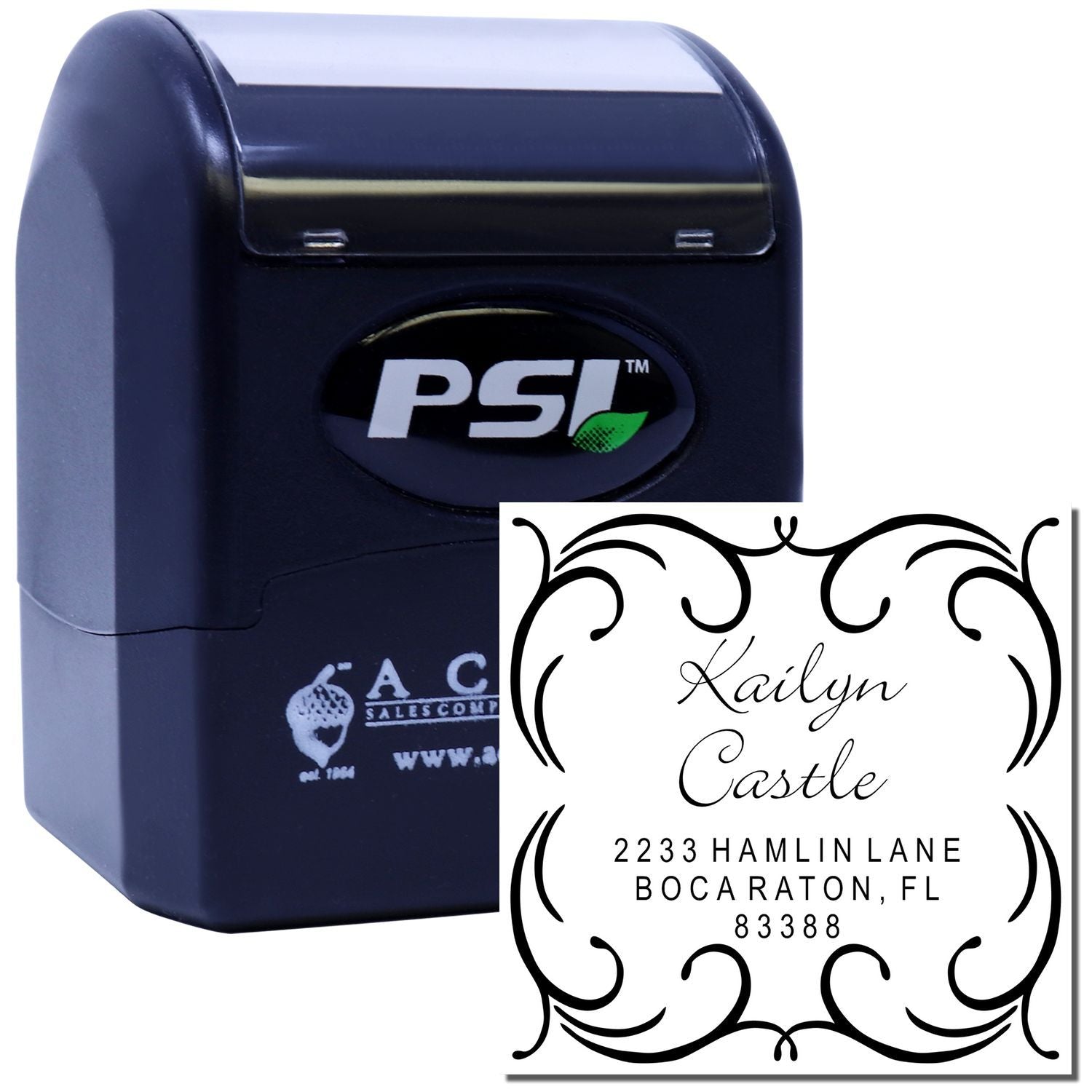 PSI self-inking custom return address rubber stamp with decorative monogram for personalized mailing and envelopes.