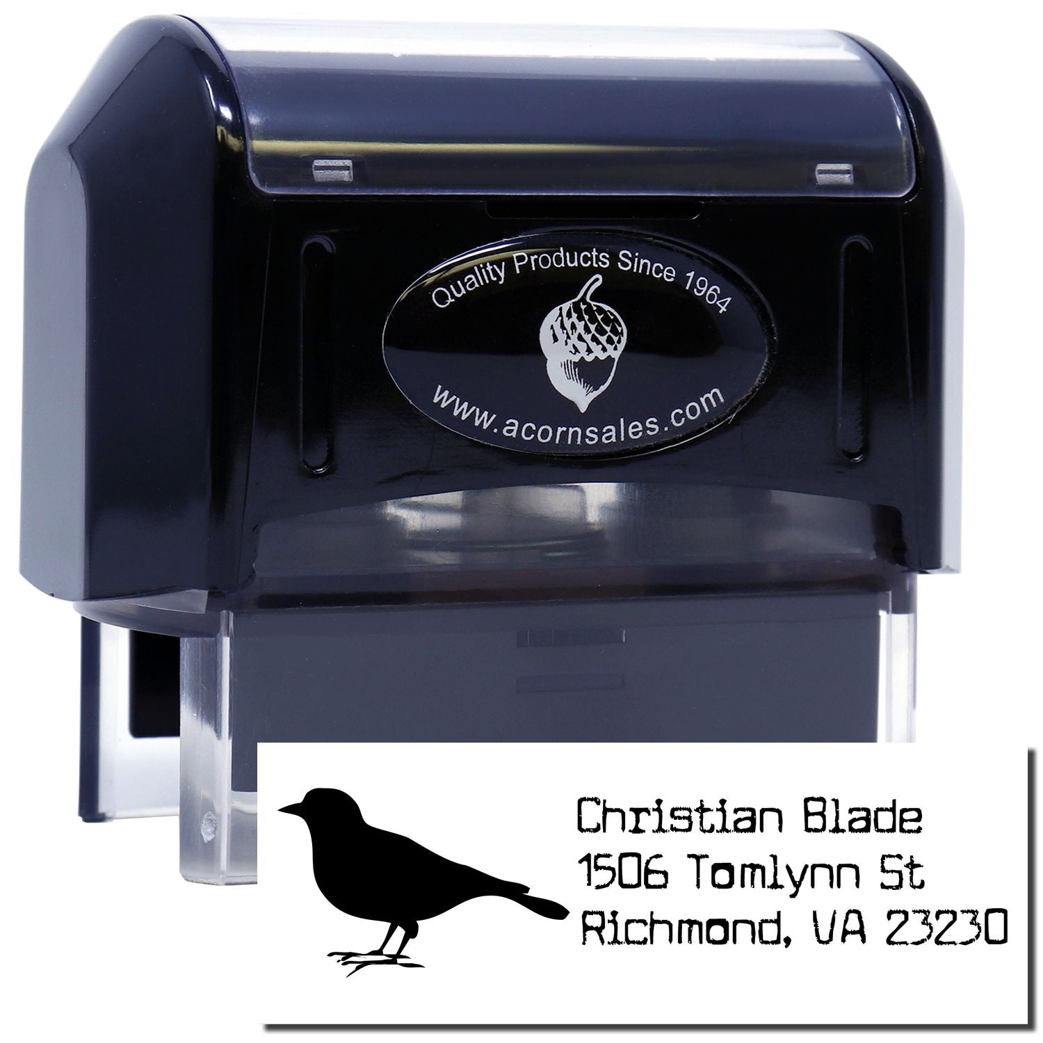 Custom self-inking rubber address stamp with bird logo, Christian Blade, 1506 Tomlynn St, Richmond, VA 23230