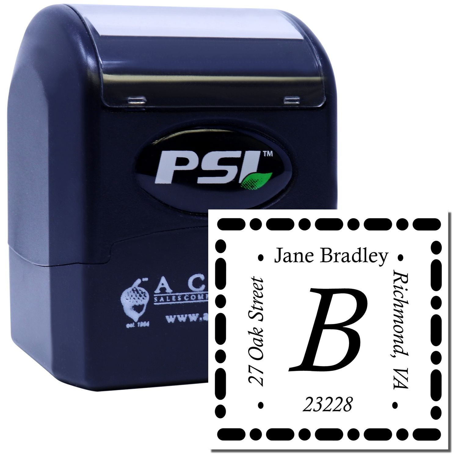 PSI self-inking address rubber stamp with monogram B, Jane Bradley, 27 Oak Street, Richmond, VA 23228