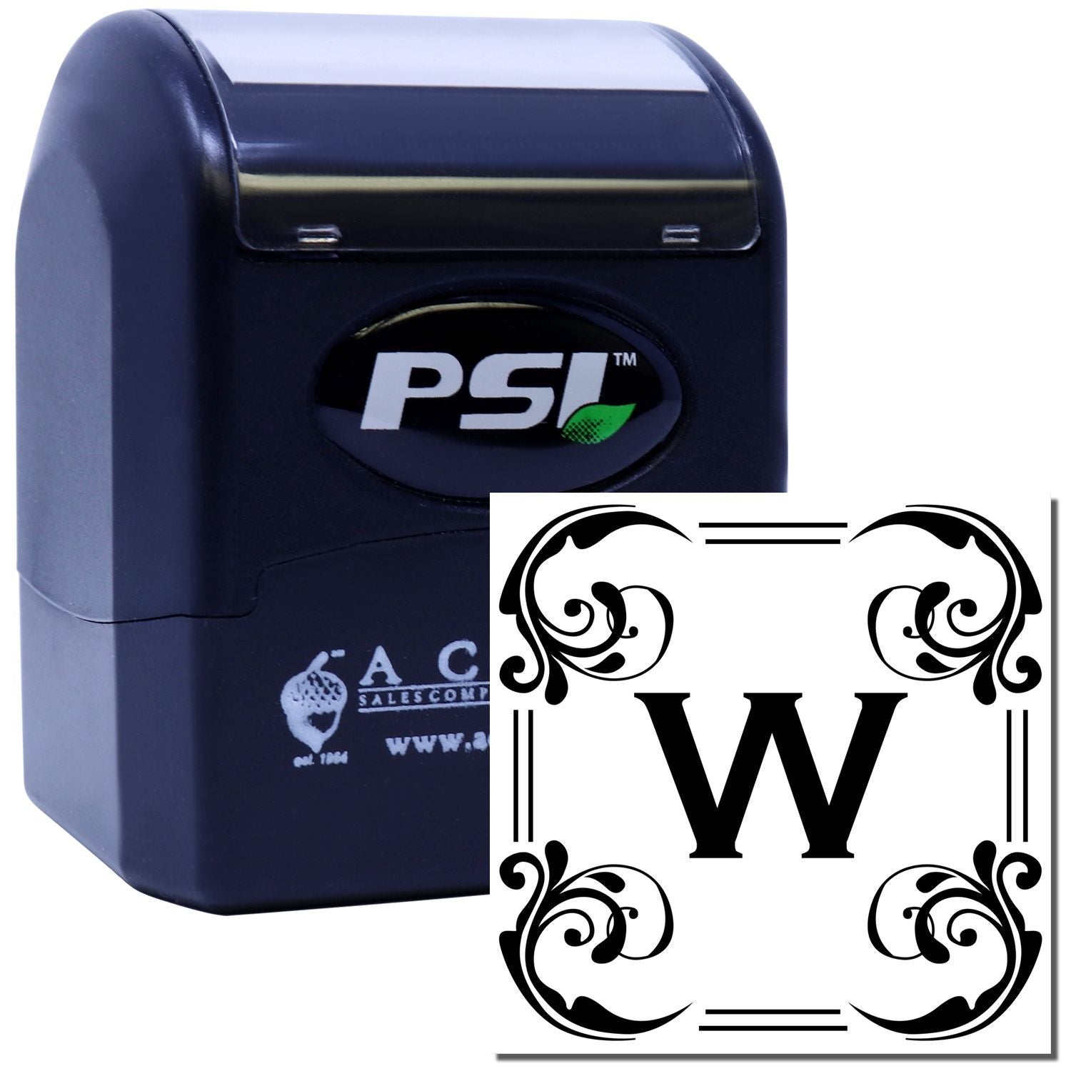 PSI self-inking custom rubber stamp with ornate letter W monogram design for personalized stationery and branding.