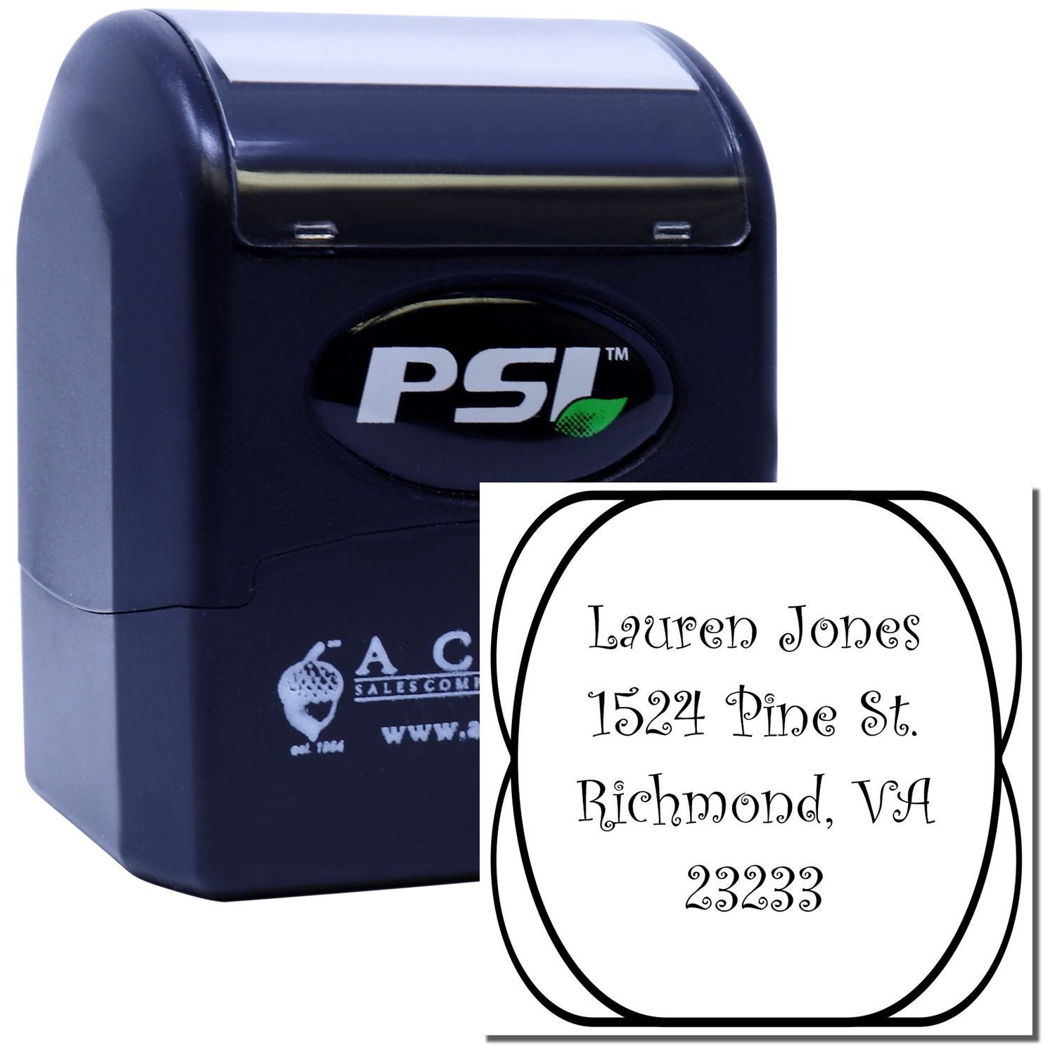 PSI self-inking custom address stamp with name and Richmond, VA return address for fast mailing and labeling.