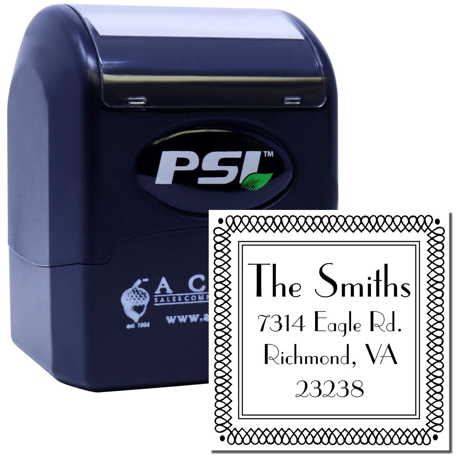 PSI self-inking custom rubber address stamp with decorative border, ideal for The Smiths return address, envelopes, and mailing labels.