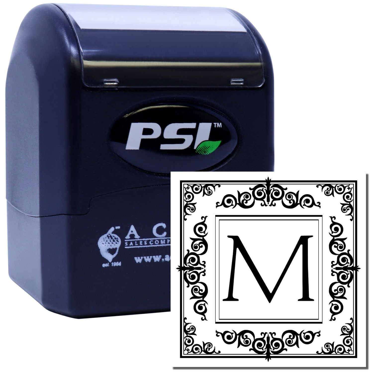 PSI self-inking rubber stamp with custom monogram letter M and ornate border for personalized stamping.