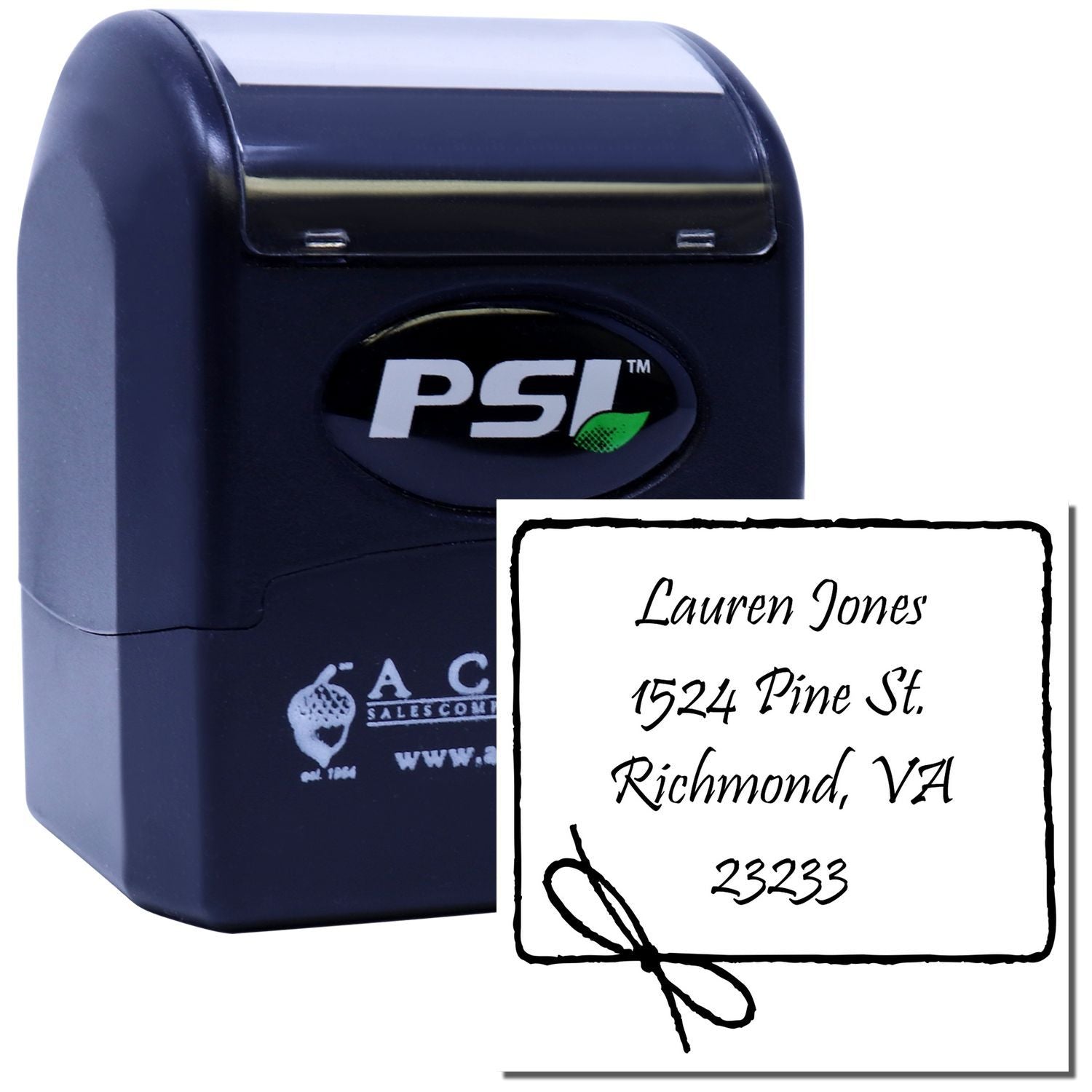 Custom PSI self-inking rubber address stamp with name, street address, Richmond, VA, and ZIP code imprint.