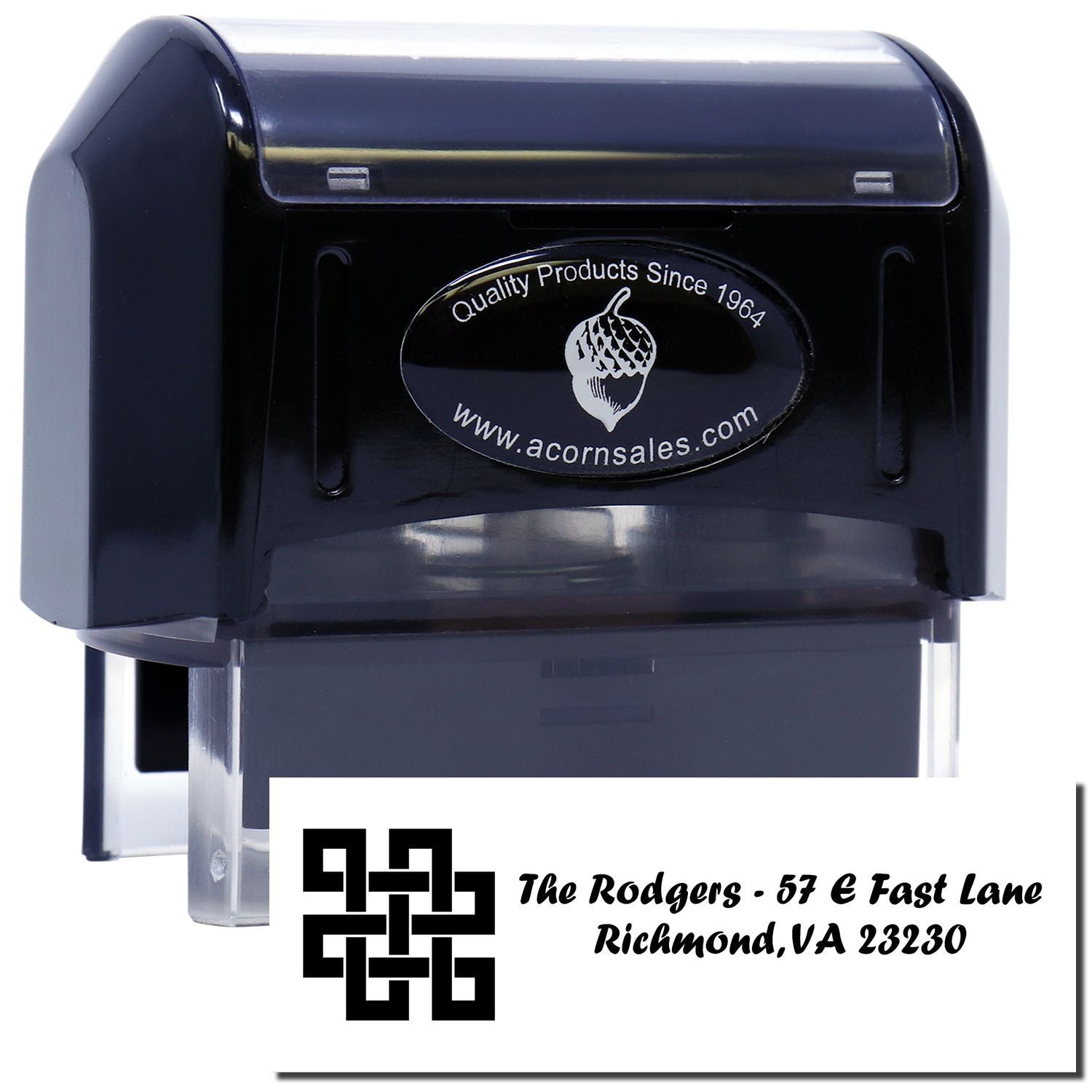 Custom self-inking rubber address stamp with family name and Richmond, VA return address.