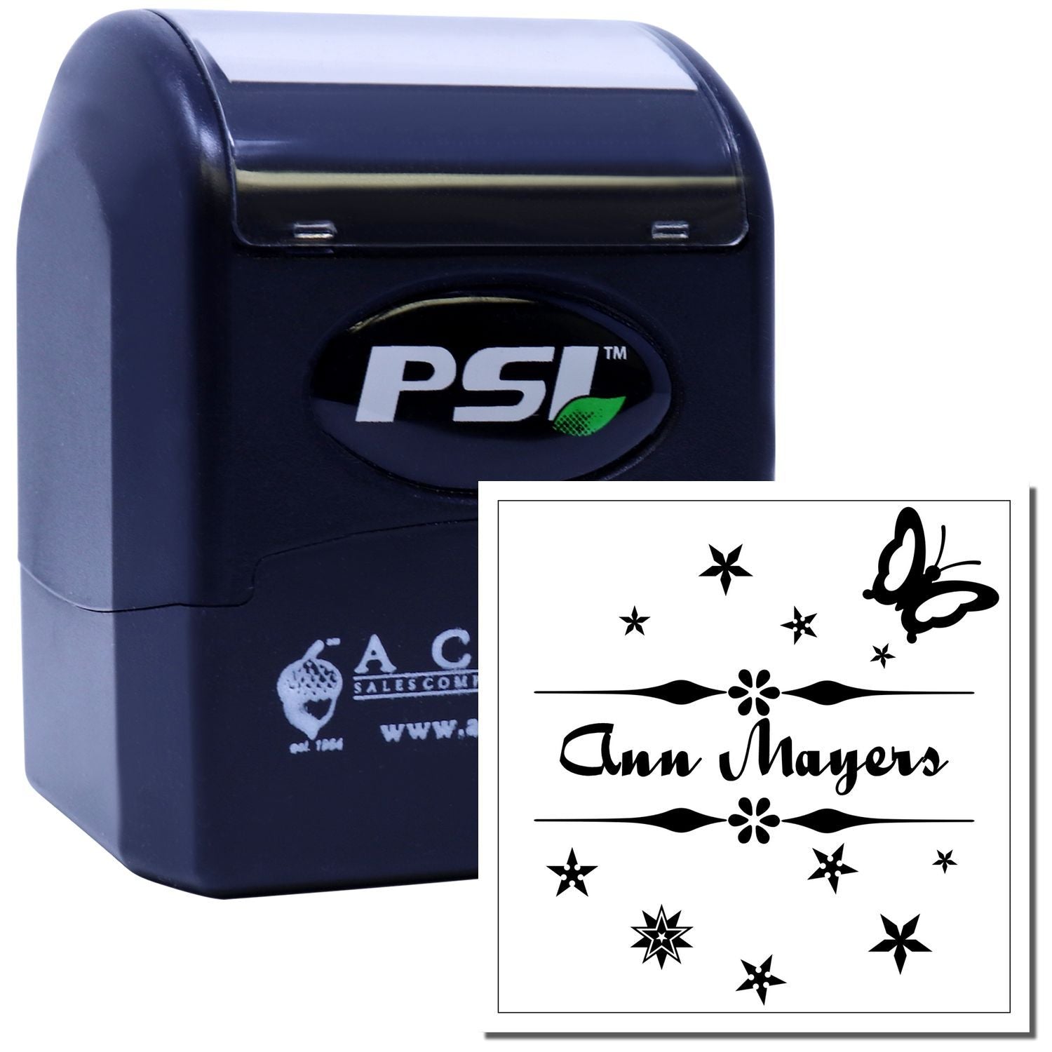 PSI self-inking rubber stamp with custom Ann Mayers design, butterflies and stars for personalized business stamping.