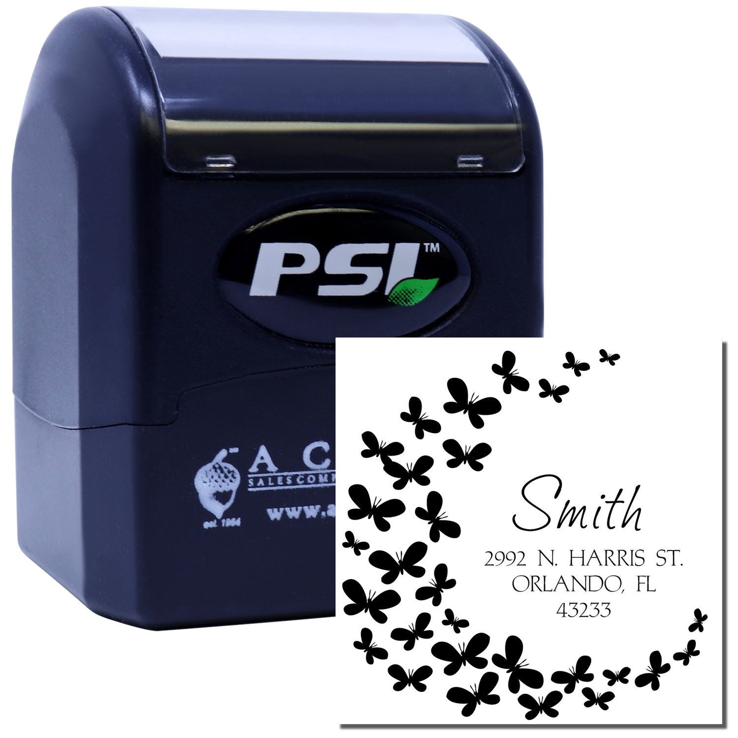 Custom self-inking PSI rubber address stamp with butterfly border and Smith return address.