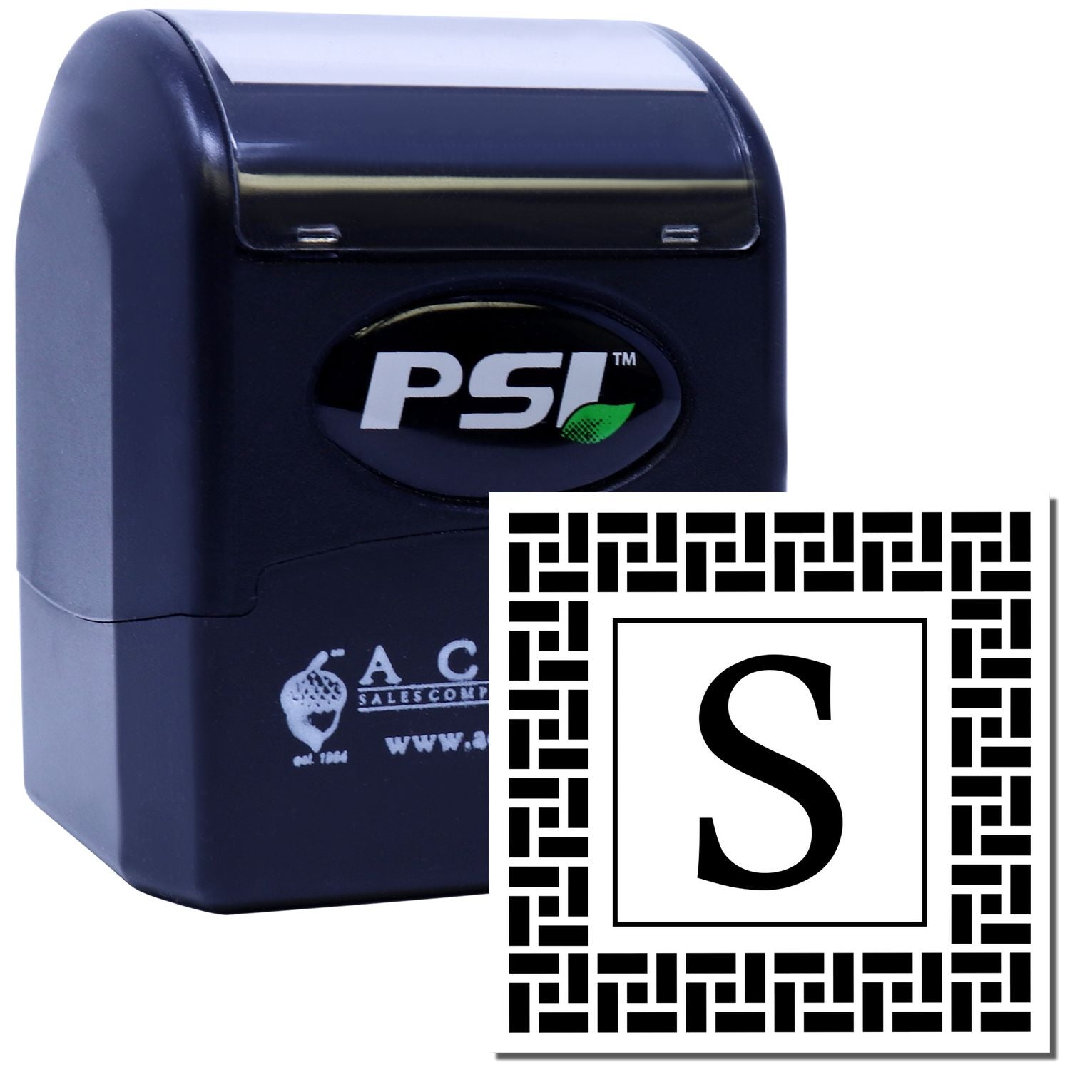 Custom self-inking rubber stamp with decorative letter S, ideal for business branding, monograms, and office use.