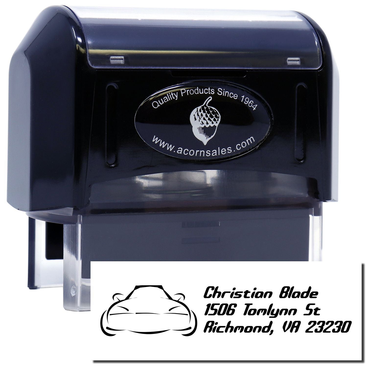 Self-inking custom rubber address stamp with car logo, used for business return address imprinting in Richmond, VA