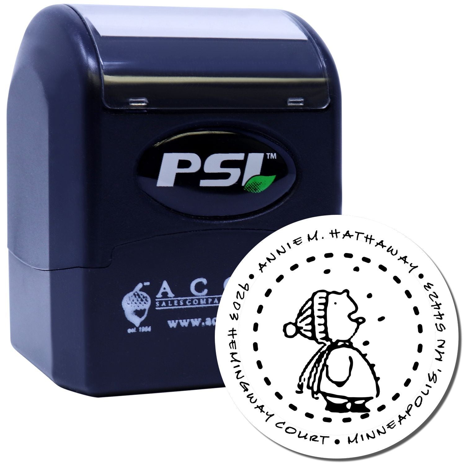 PSI self-inking rubber stamp with custom round seal imprint for professional document marking.