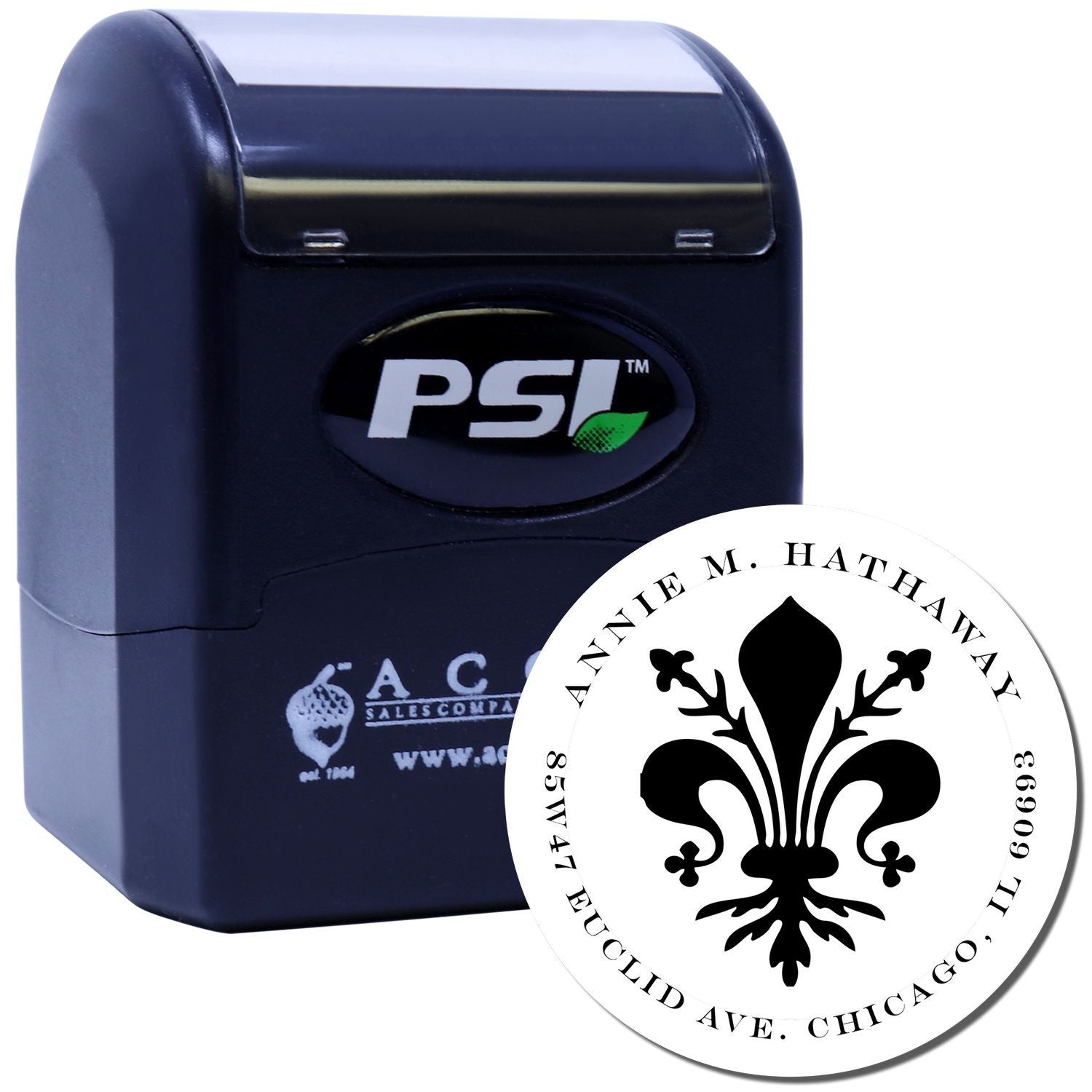 Custom self-inking PSI rubber stamp with fleur-de-lis address logo for business mail and branding.