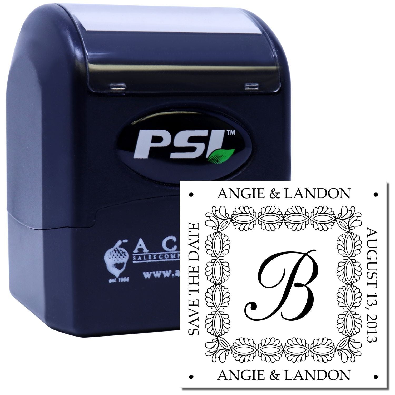 PSI self-inking custom wedding rubber stamp with monogram, names, and date for invitations.