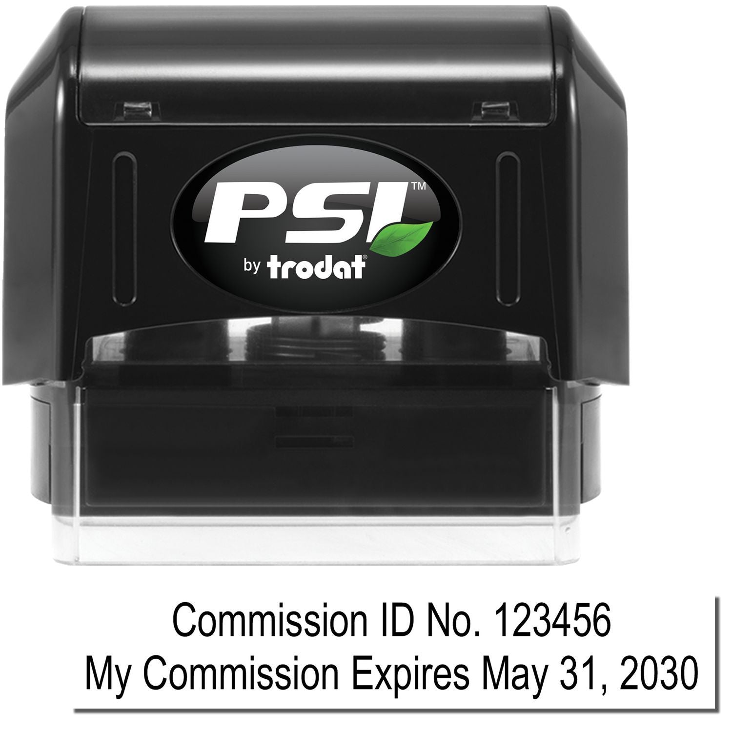 PSI by Trodat self-inking notary commission stamp with commission ID and expiration date text screen printed.