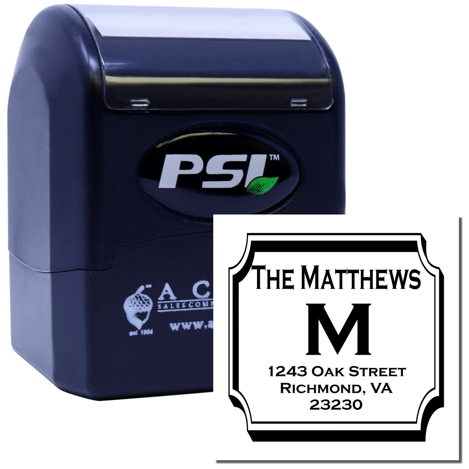 Custom self-inking PSI rubber stamp with personalized address and monogram, ideal for return address imprinting.
