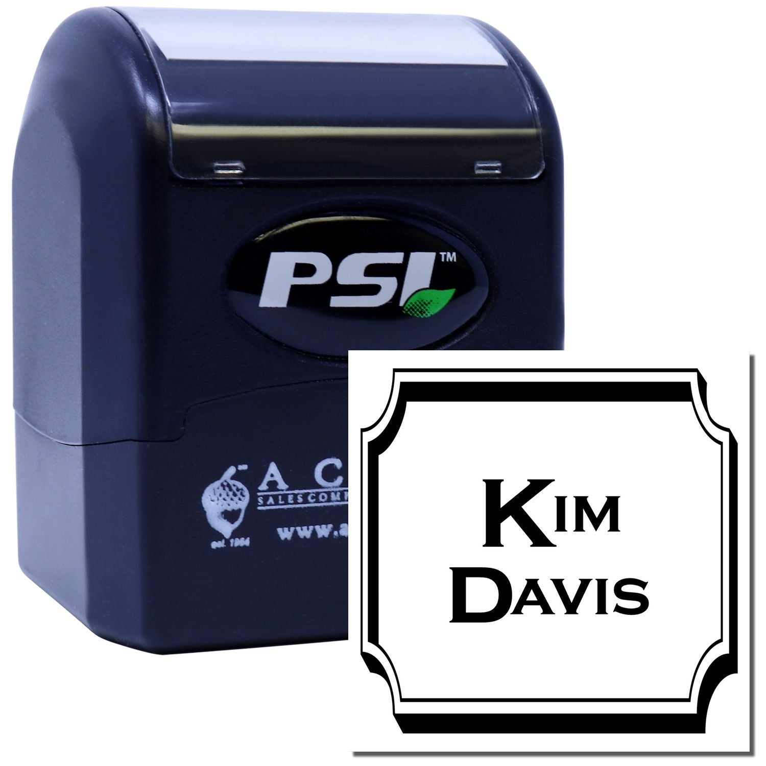 Custom self-inking rubber stamp with Kim Davis name and monogram design