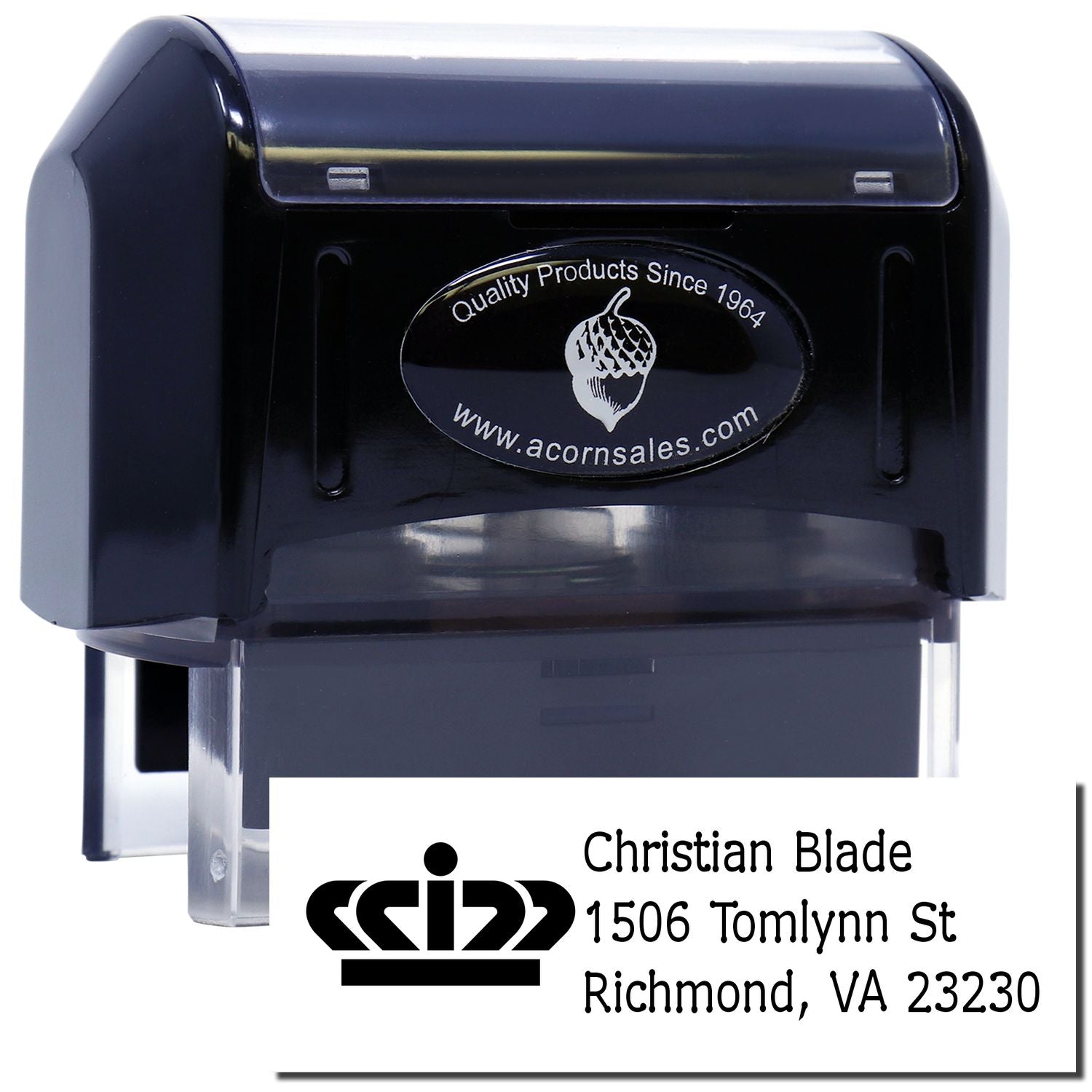 Self-inking custom rubber address stamp with Christian Blade name and Richmond, VA return address.