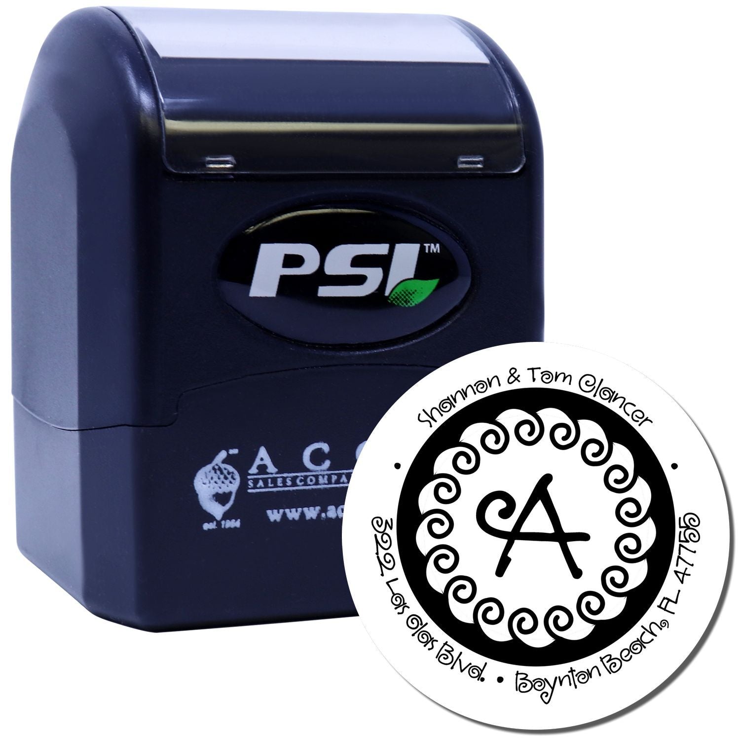 PSI self-inking rubber stamp with custom round monogram address design for Shannon & Tom Clancer in Boynton Beach, FL.