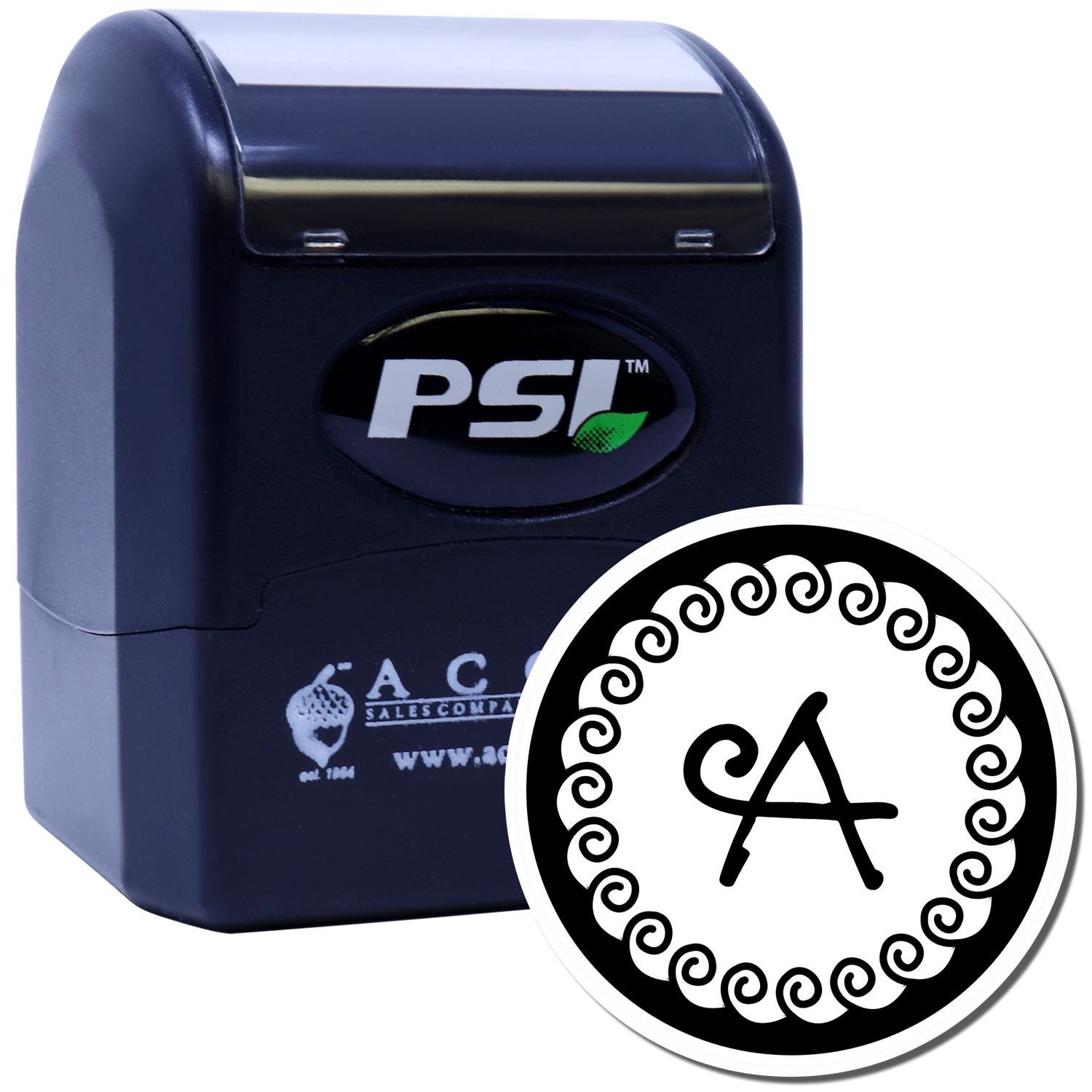 Self-inking custom monogram rubber stamp with decorative circle border and letter A for personalized marking.