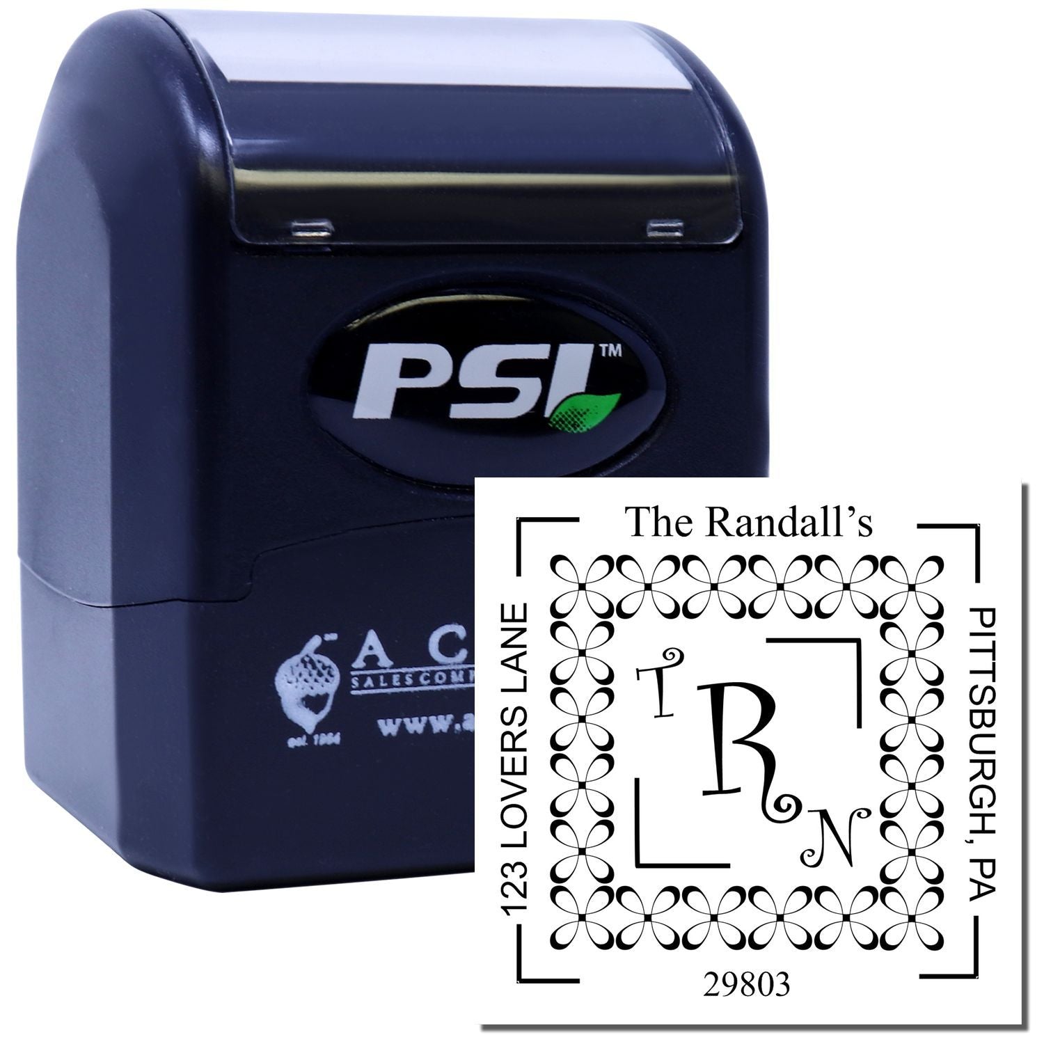 PSI self-inking custom address rubber stamp with The Randalls monogram and Pittsburgh, PA mailing imprint for personalized envelopes