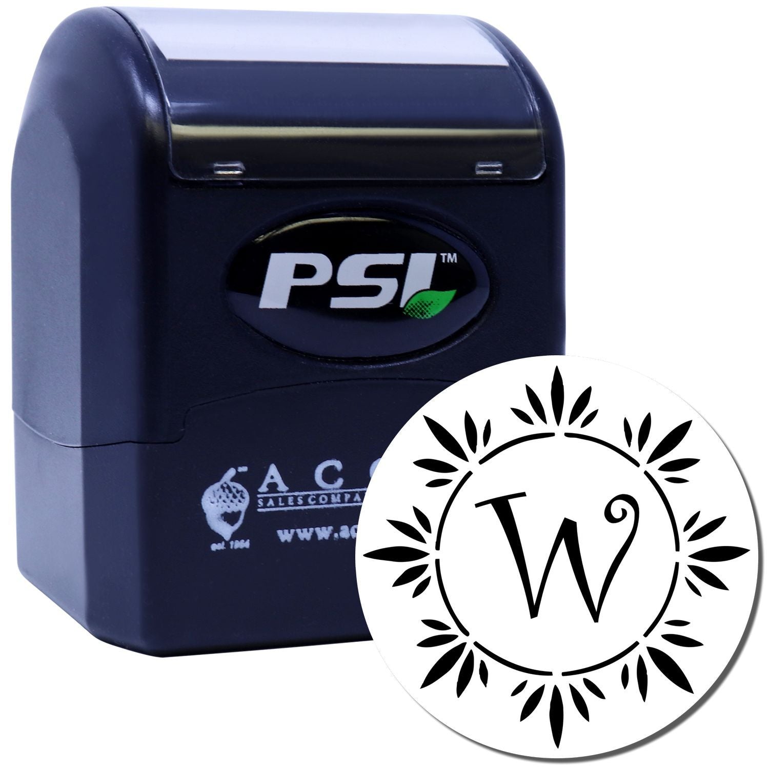 PSI self-inking custom rubber stamp with decorative W monogram and leaf border for business branding