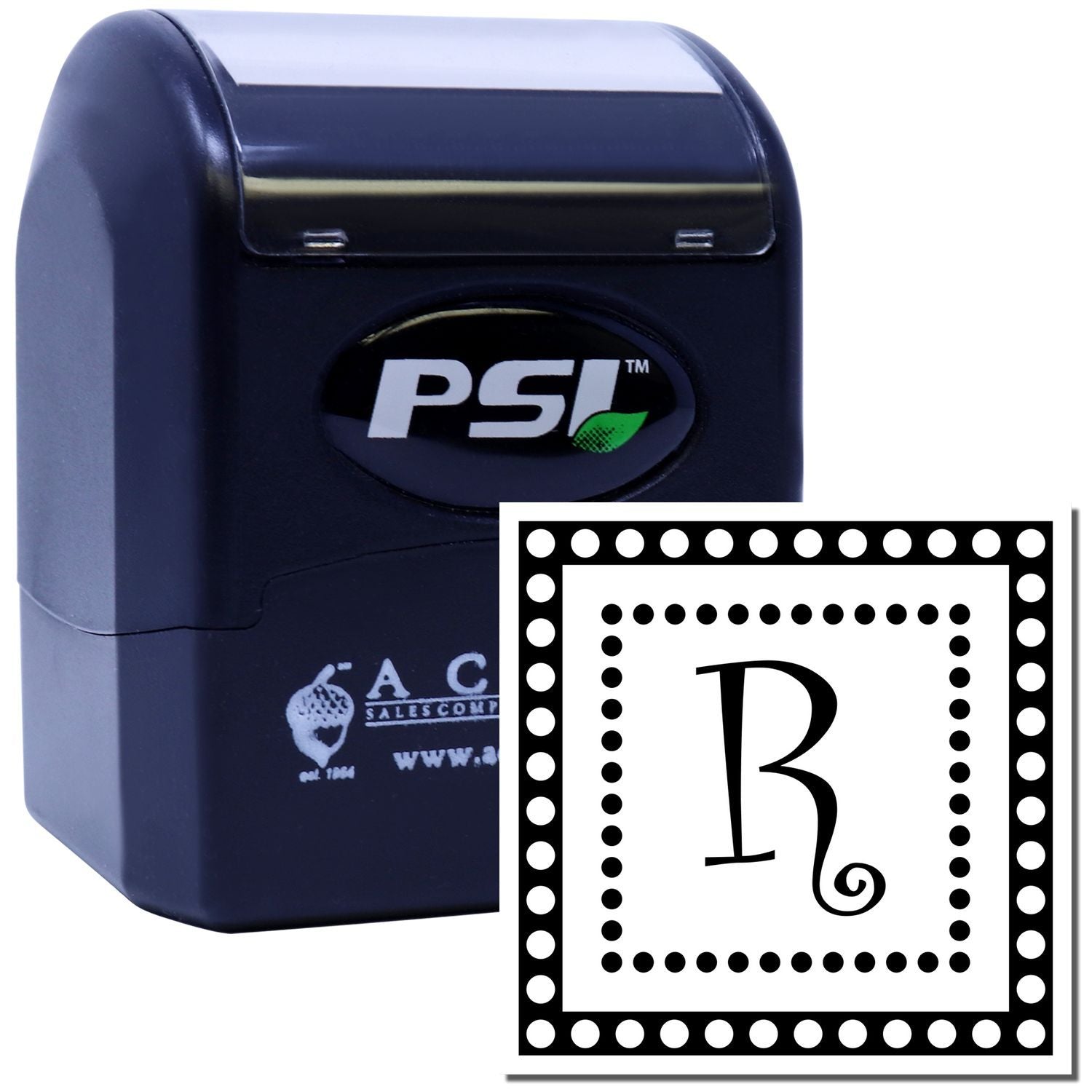 PSI self-inking rubber stamp with decorative monogram R, ideal for personalized branding, business use, and craft projects.