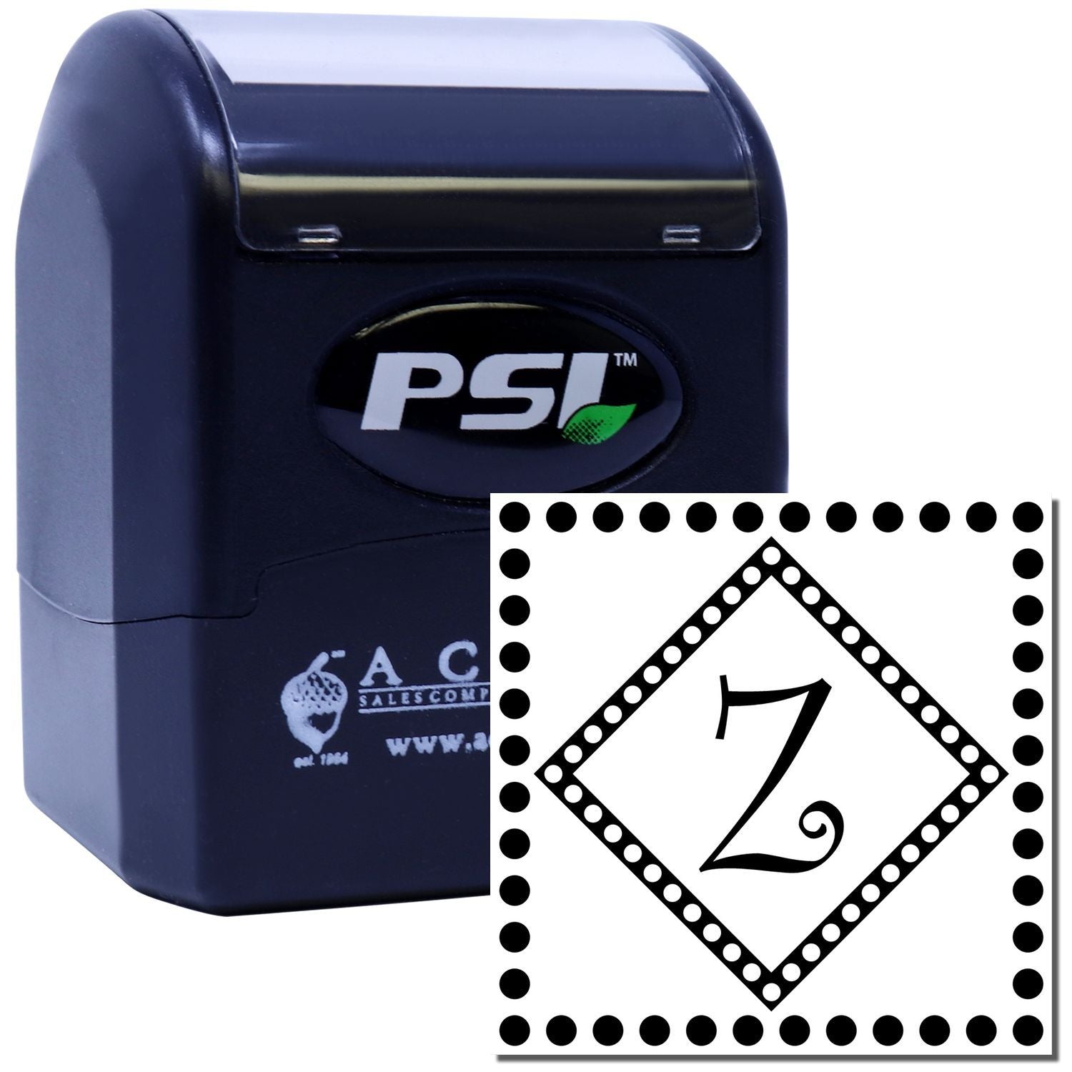 PSI self-inking rubber stamp with custom number 2 design for marking documents, packaging, or inventory.