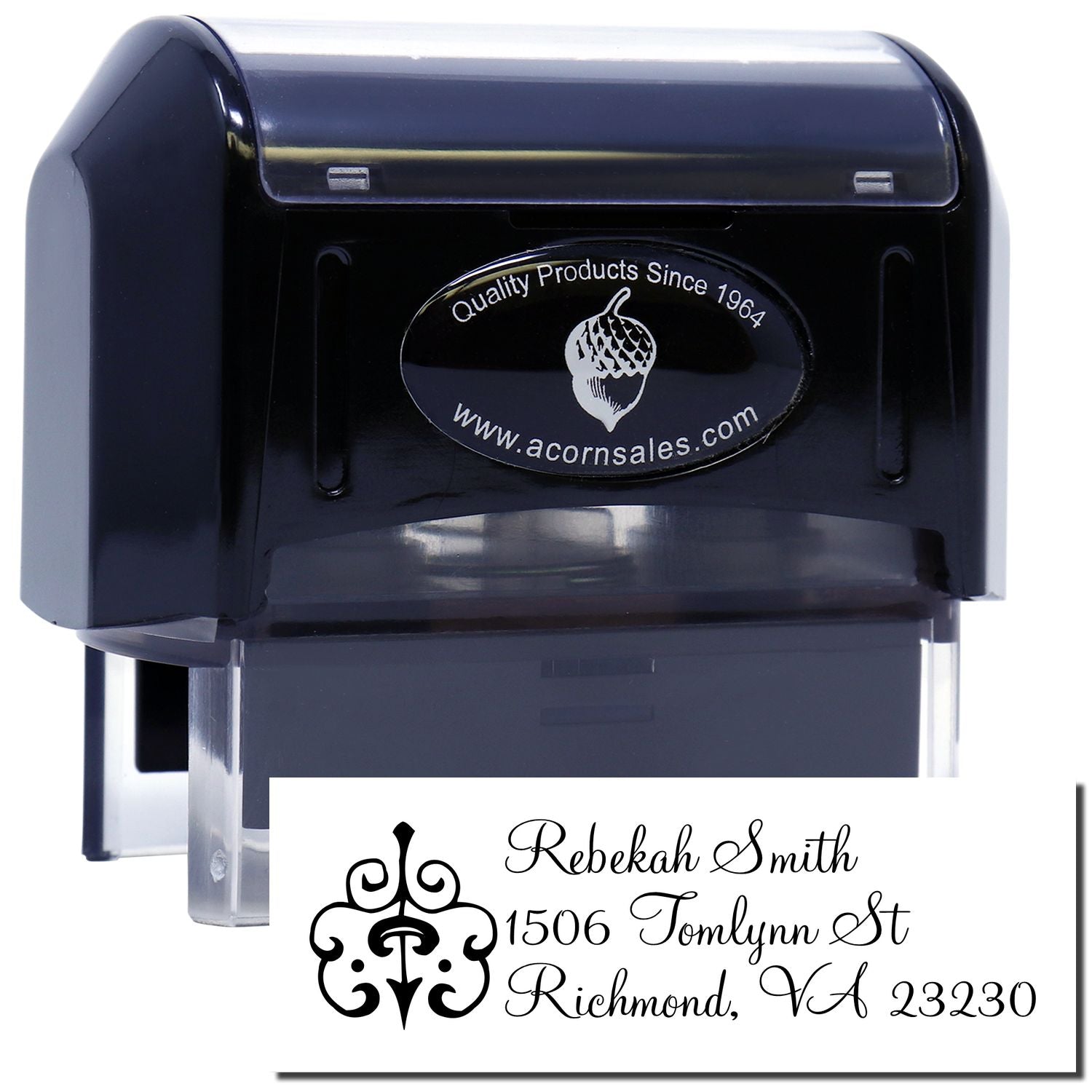 Custom self-inking return address rubber stamp with monogram design for personalized mail, envelopes, and wedding stationery.