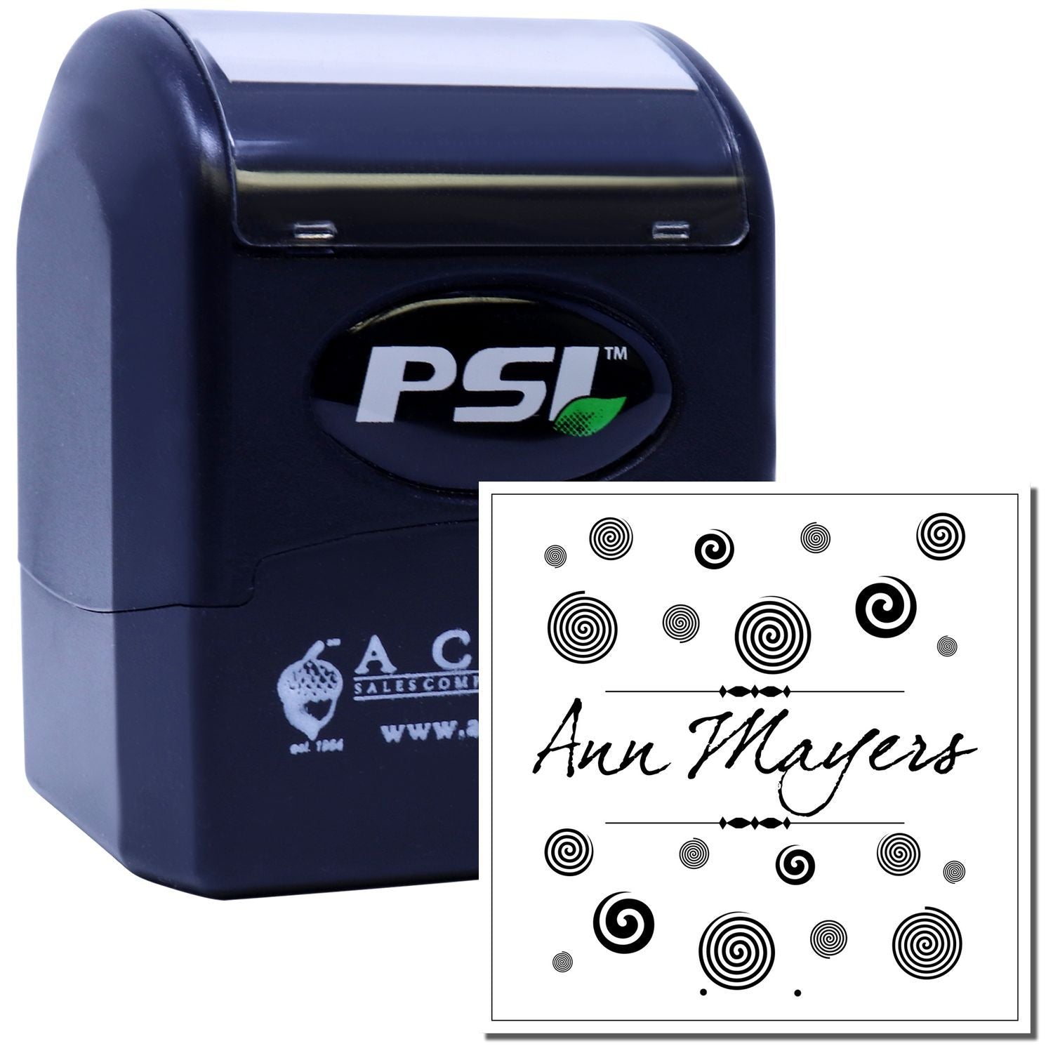Custom PSI self-inking rubber stamp with Ann Mayers swirl design for personalized business or craft use
