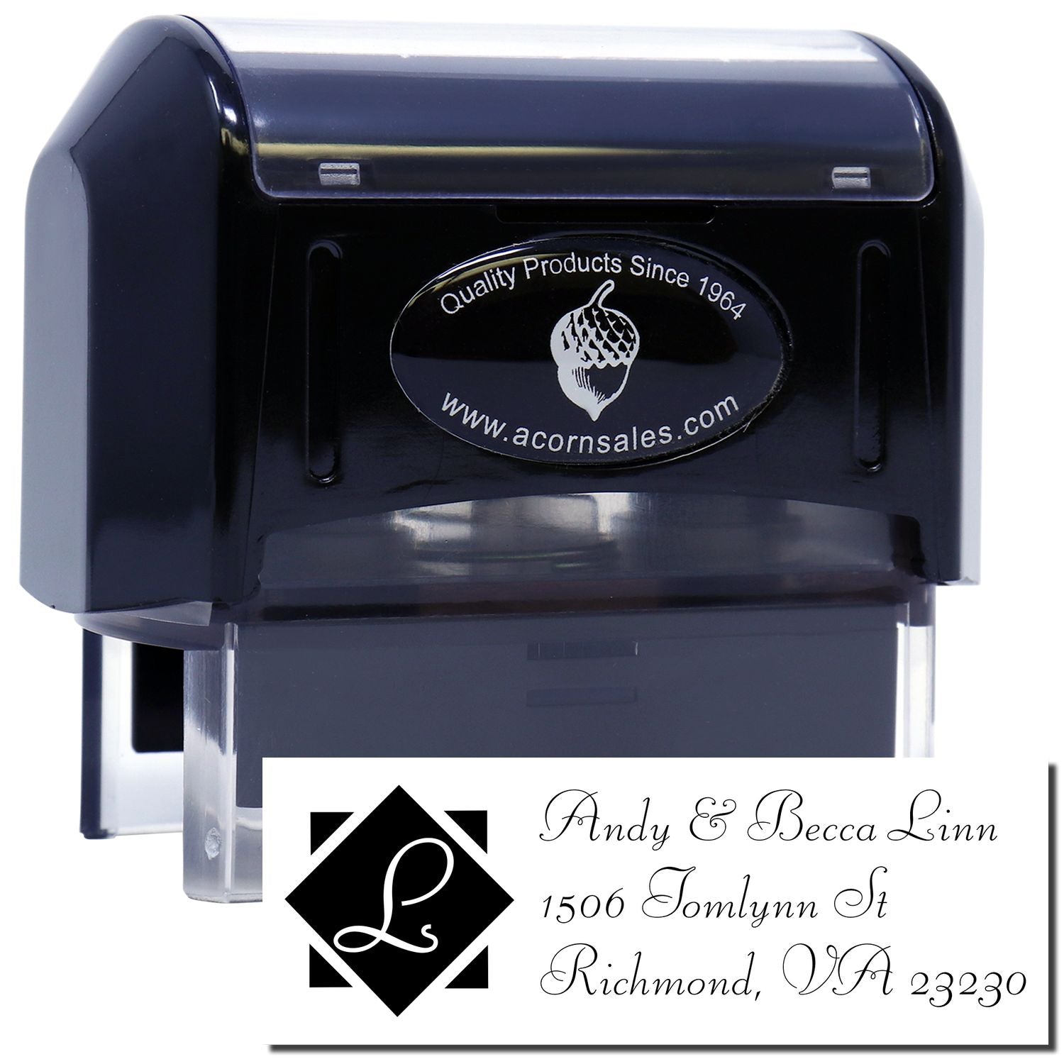 Custom self-inking address rubber stamp with monogram, ideal for personalized return address use on wedding invitations and envelopes.