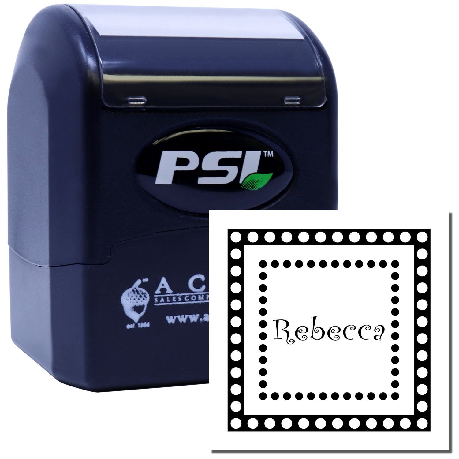 Custom self-inking rubber stamp with dotted border and Rebecca imprint for personalized business or office use