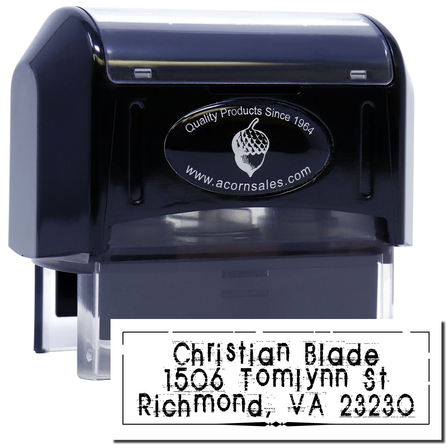 Custom self-inking address rubber stamp with sample imprint for Christian Blude, Richmond, VA 23230.