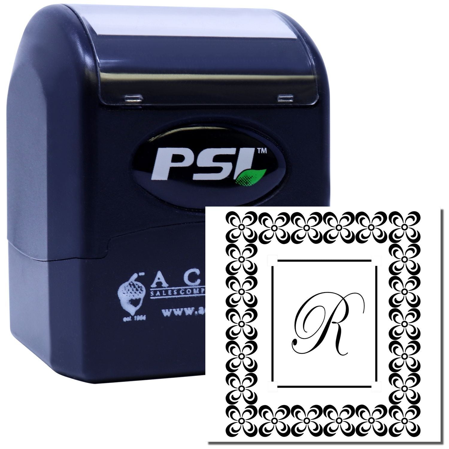 PSI self-inking rubber stamp with floral border monogram R for personalized documents, stationery, and wedding invitations.