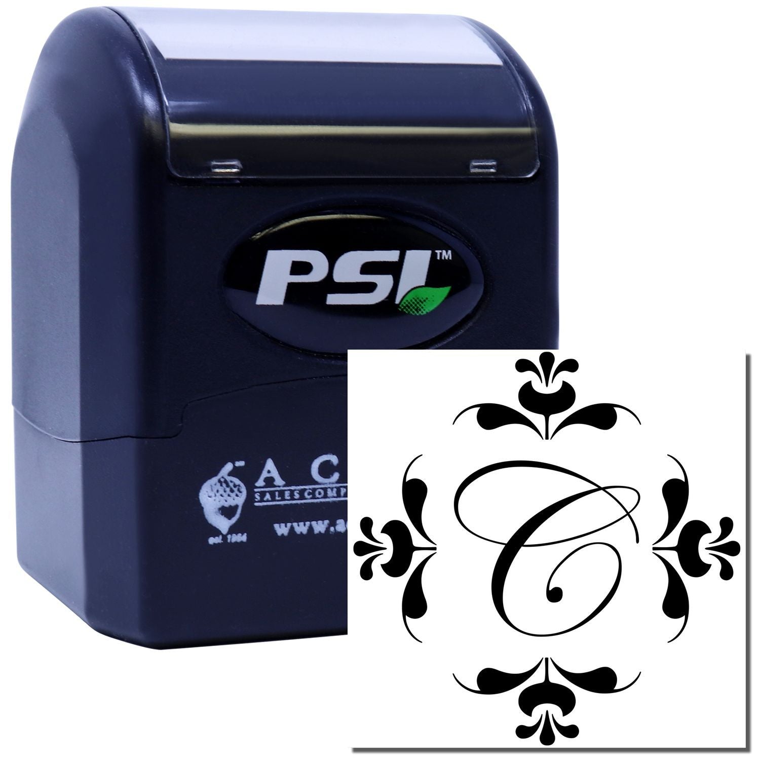 PSI self-inking custom rubber stamp with decorative monogram C for personalized business branding and stationery