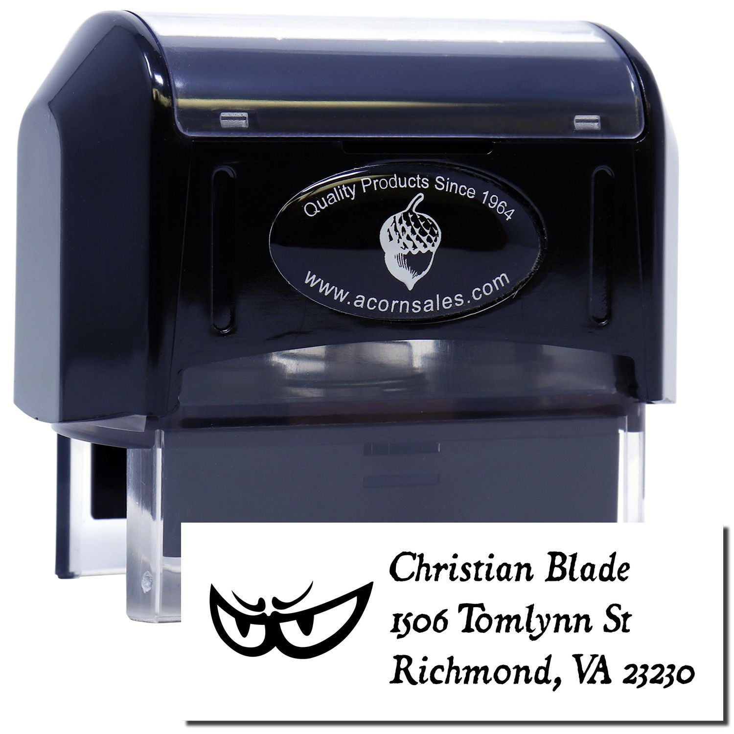Custom self-inking rubber stamp with logo and address imprint for business mailing and branding.