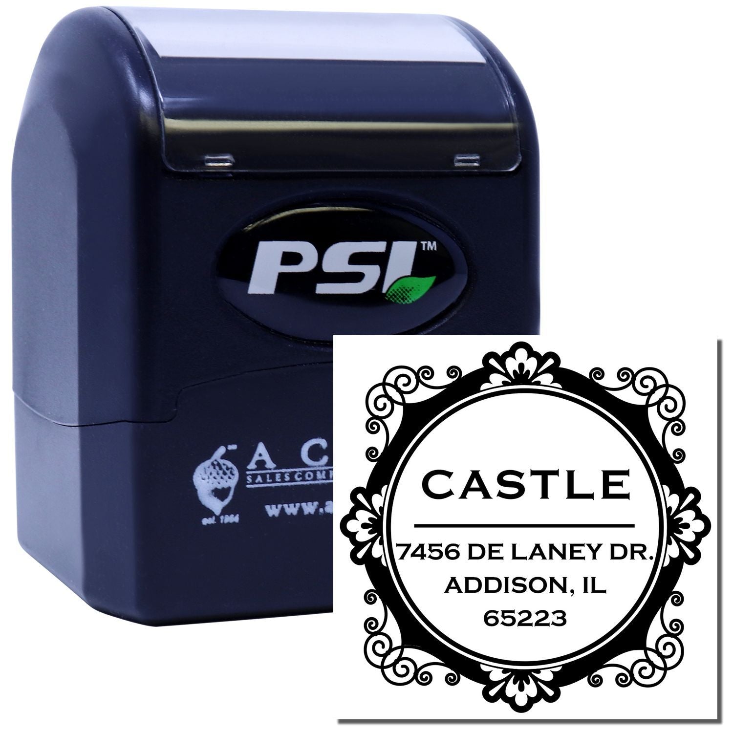 PSI self-inking rubber stamp with custom ornate address stamp design for Castle, Addison, IL 65223