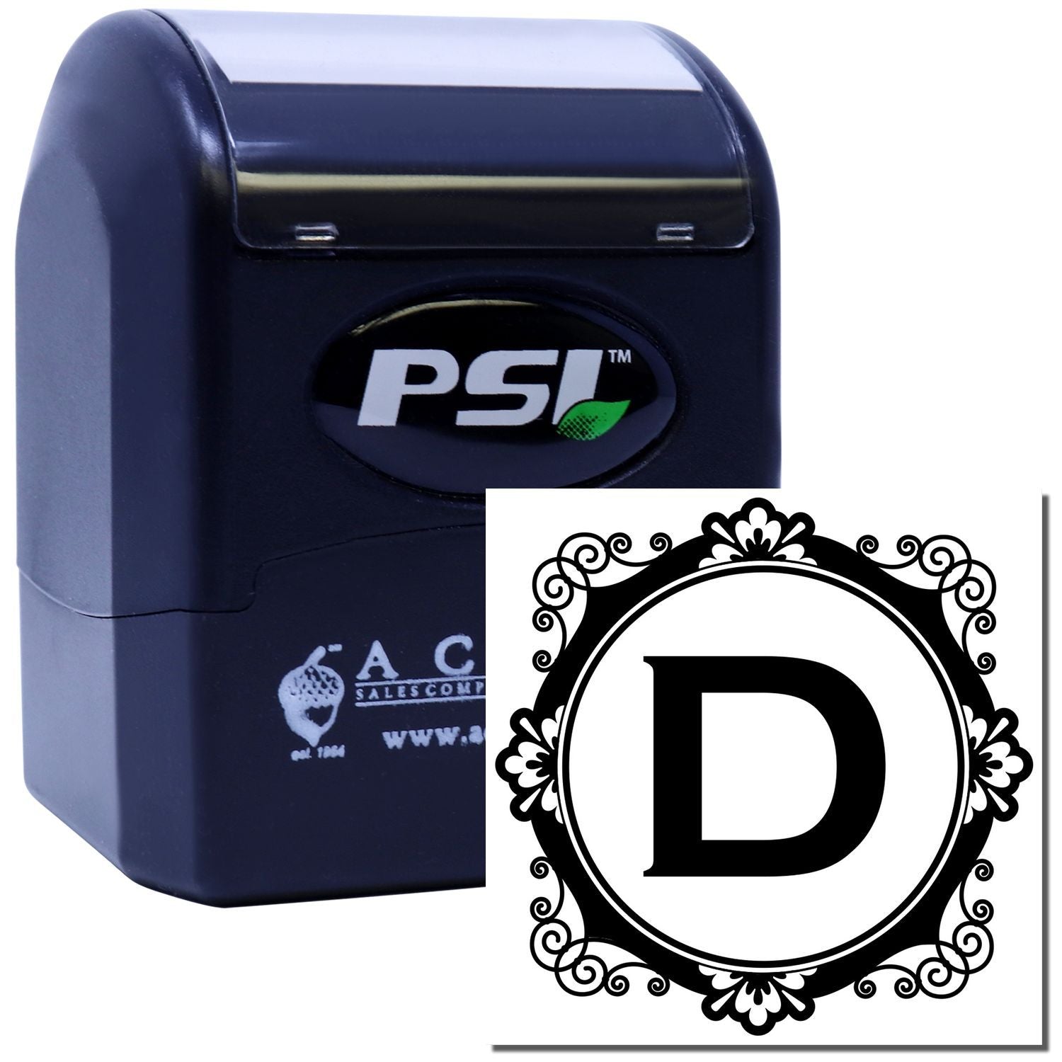 PSI self-inking rubber stamp with ornate letter D monogram for personalized business branding and address stamping.