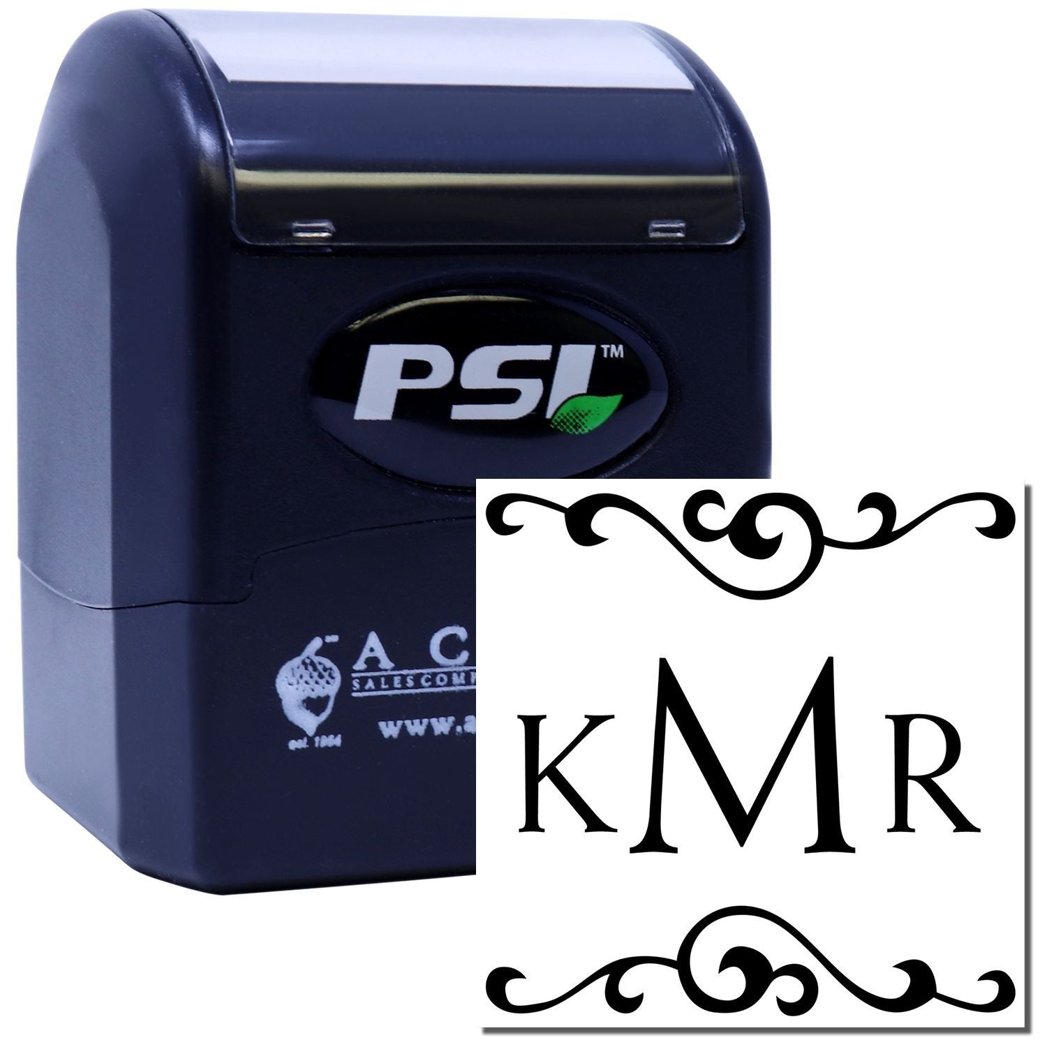 Custom PSI self-inking rubber stamp with ornate KMR monogram for personalized stationery, wedding favors, or branding.