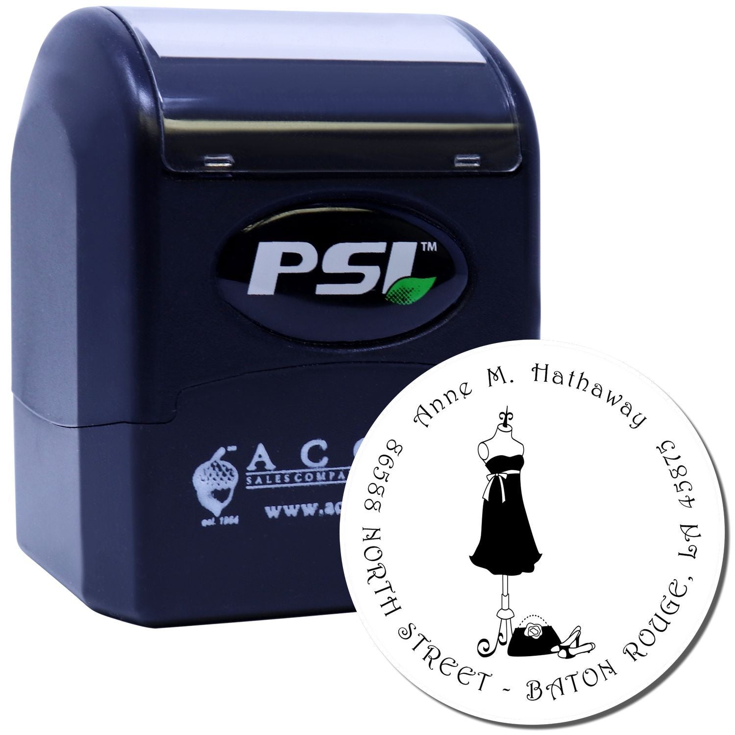 Custom self-inking rubber stamp with fashion boutique logo and address, ideal for business branding, envelopes, and packaging.