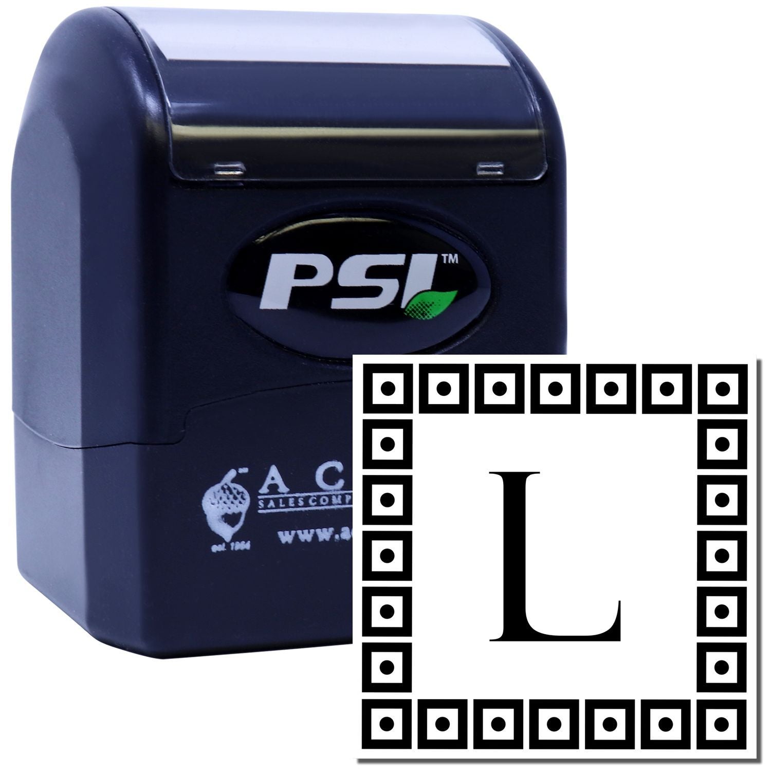 Custom self-inking PSI rubber stamp with decorative border and letter L monogram for personalized marking