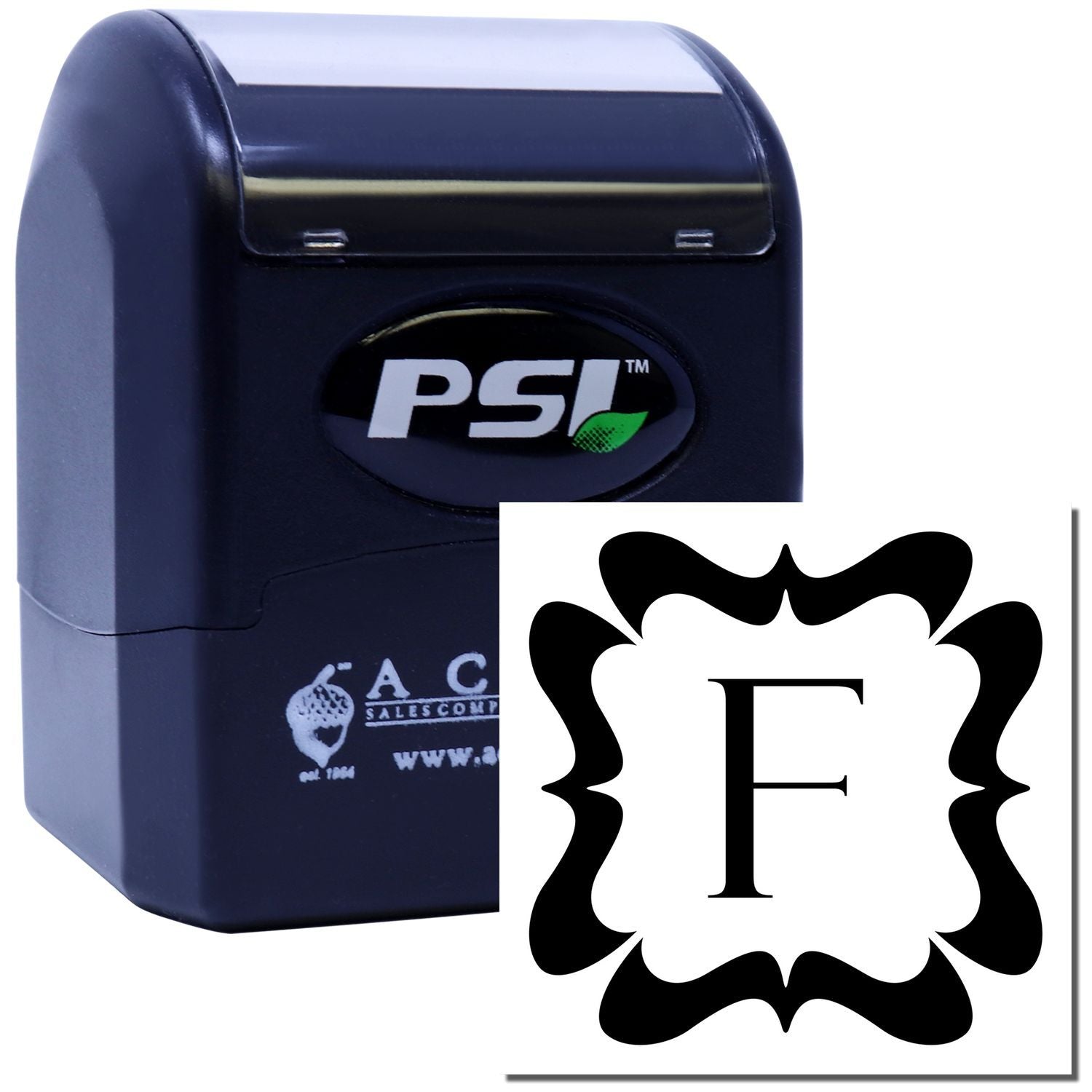 PSI self-inking rubber stamp with decorative F monogram for custom branding, stationery, and business use.