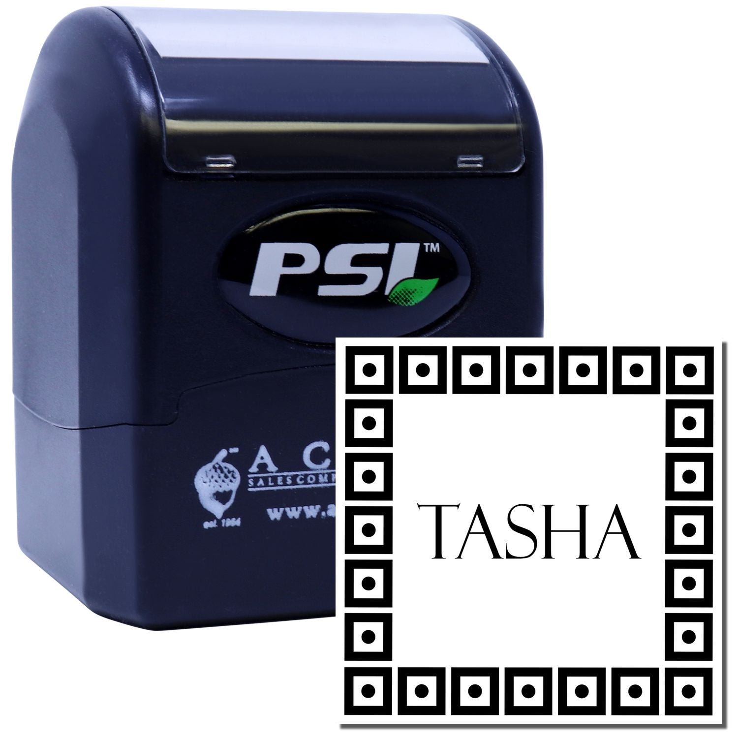 PSI self-inking rubber stamp with custom Tasha square border design for personalized business branding.