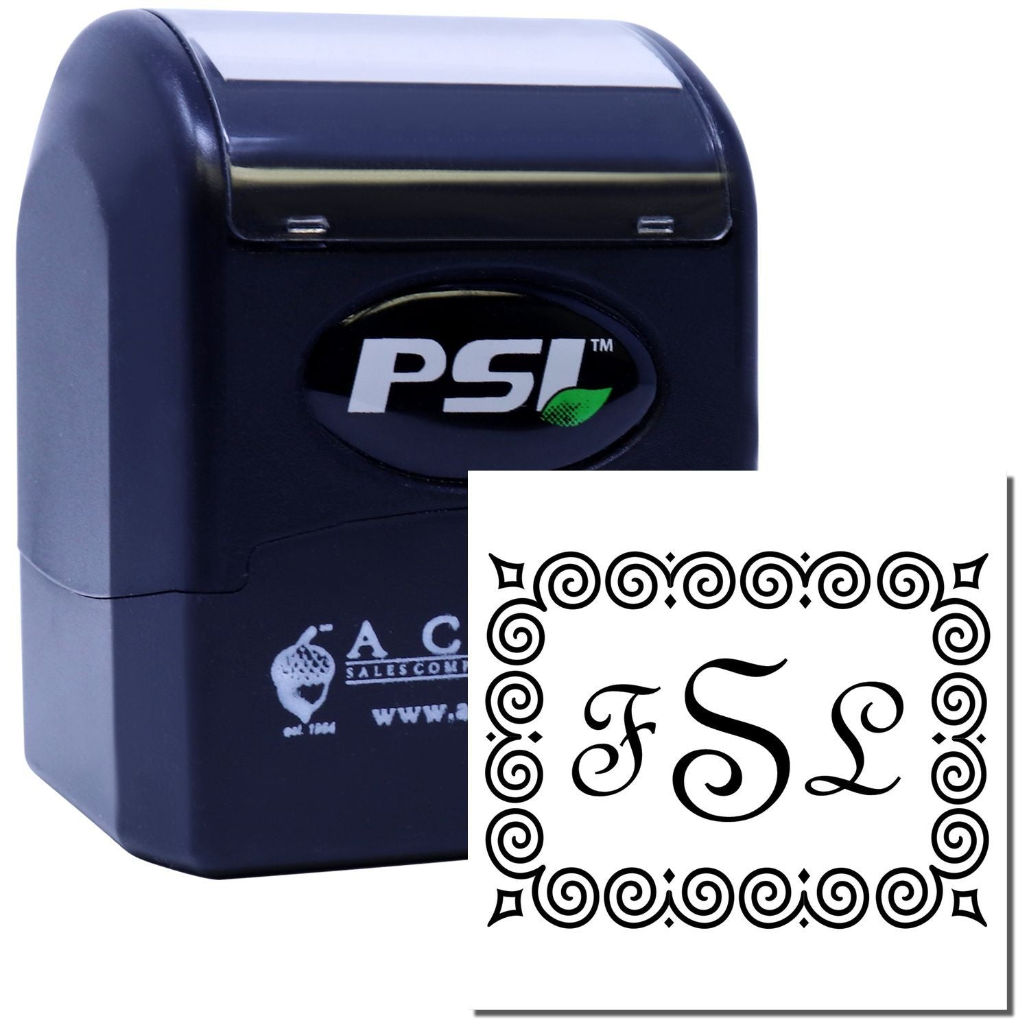 PSI self-inking rubber stamp with ornate monogram border for custom personalized name or business stamping