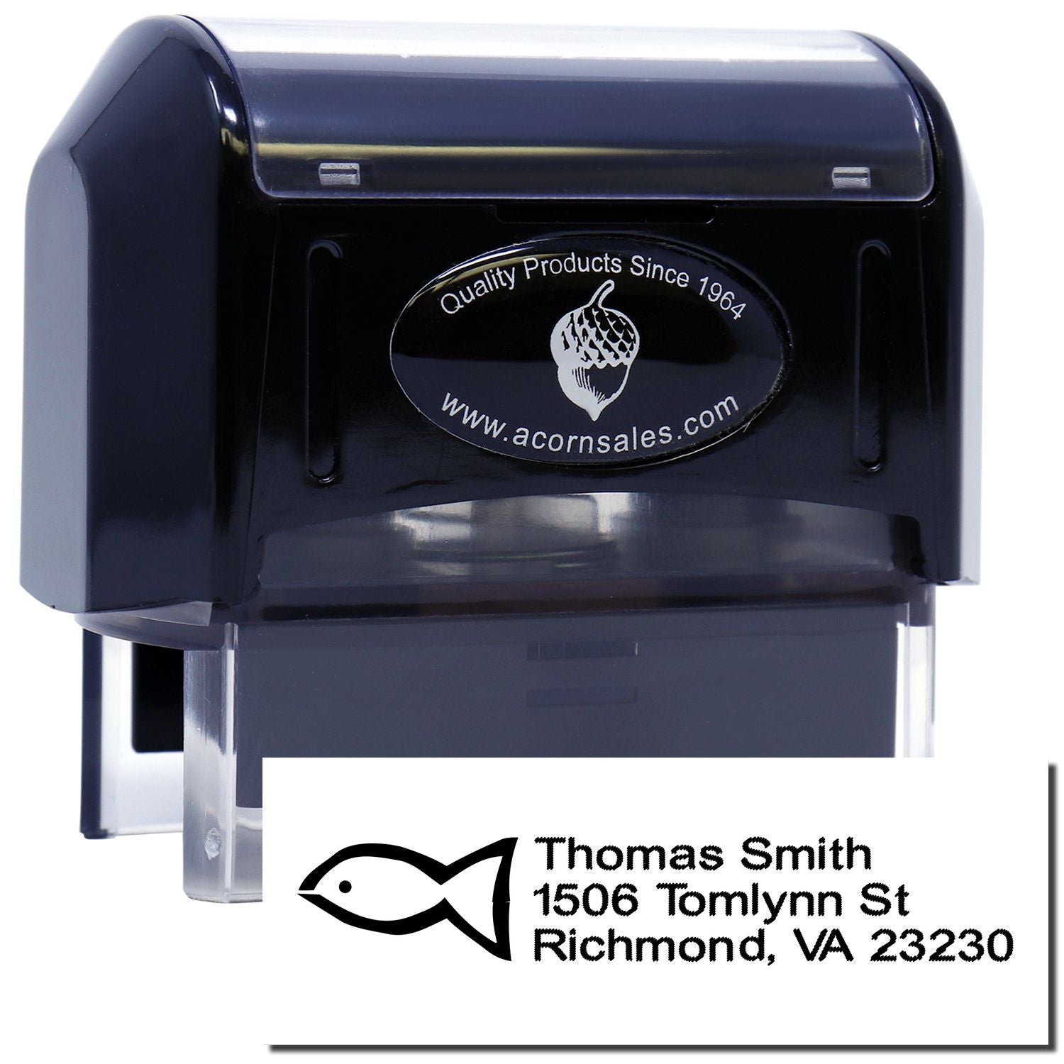 Custom self-inking rubber address stamp with fish logo for Thomas Smith, Richmond VA return addresses.