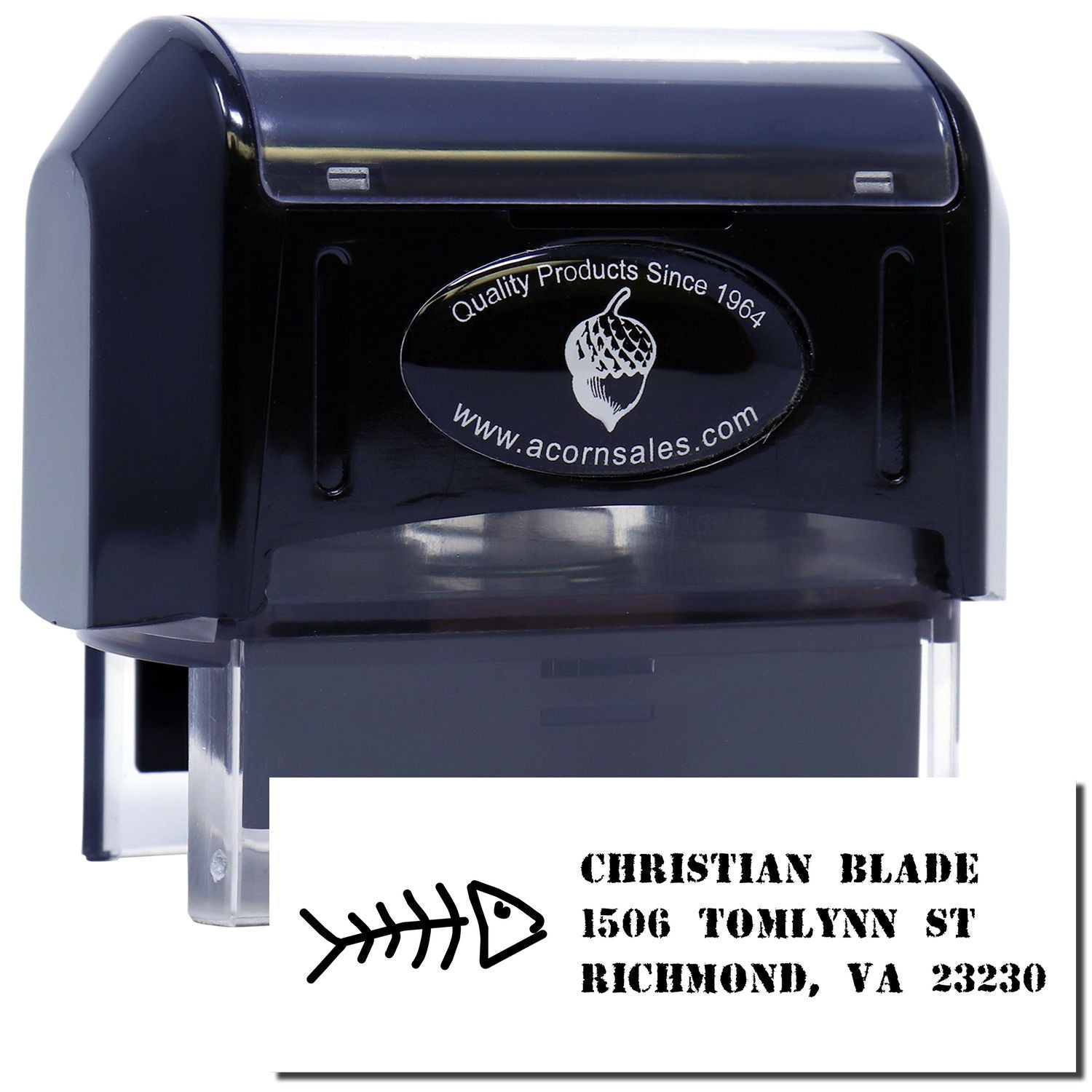 Custom self-inking address rubber stamp with Christian Blade name, fish logo, and Richmond, VA address.