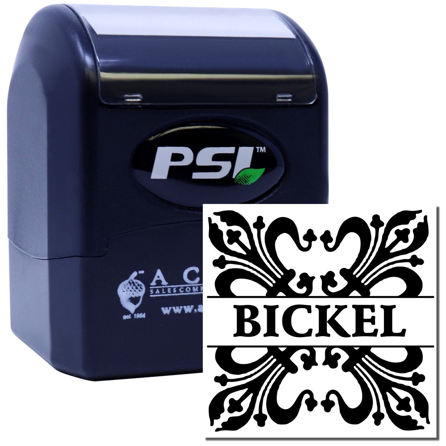 PSI self-inking rubber stamp with ornate BICKEL custom logo, ideal for personalized business branding.