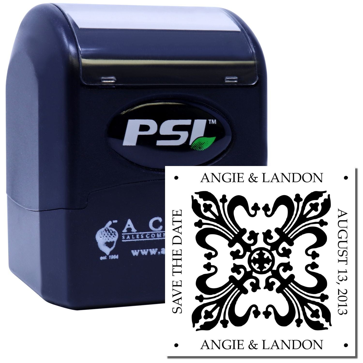 Personalized self-inking wedding rubber stamp for save the date cards, featuring Angie & Landon and August 13, 2013.