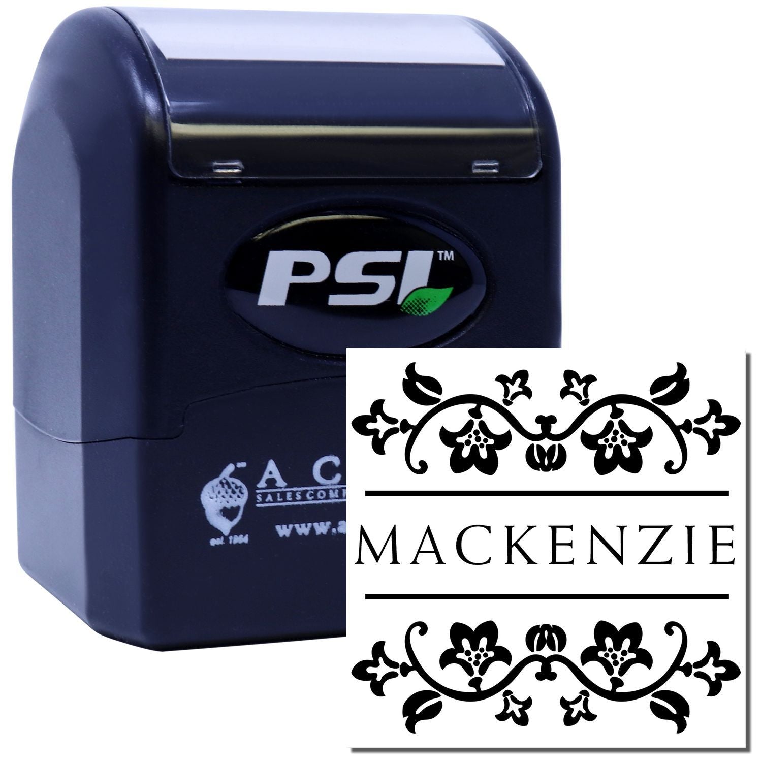 PSI self-inking custom rubber stamp with decorative Mackenzie design for personalized stationery and branding