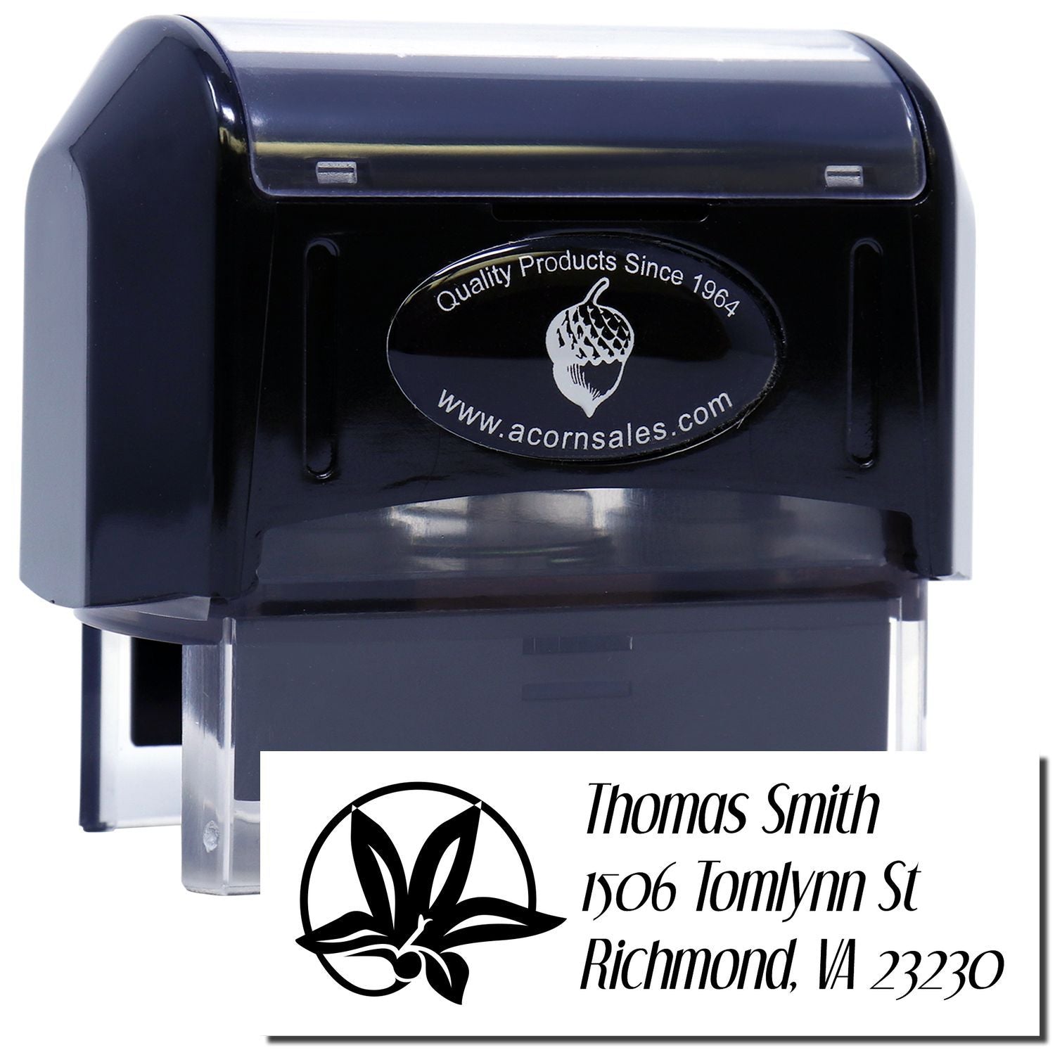 Custom self-inking rubber address stamp with logo and Thomas Smith Richmond, VA return address.